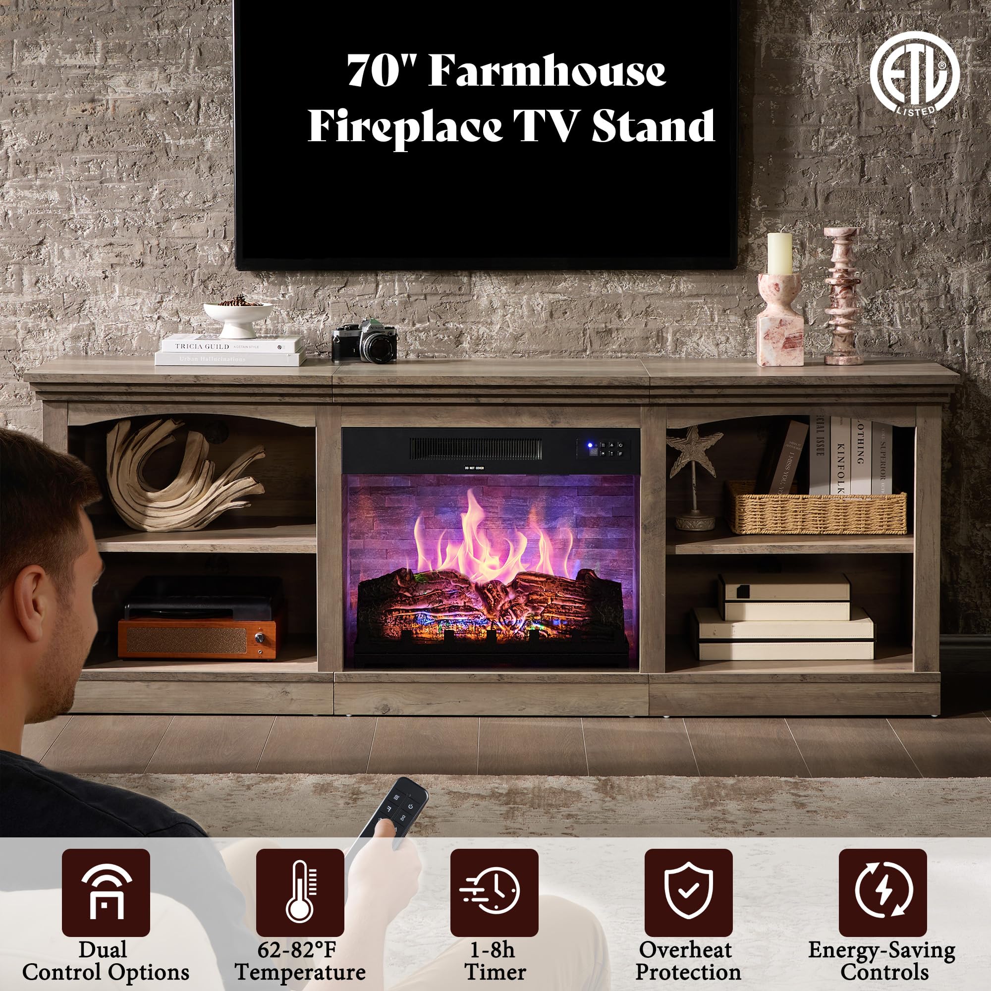 70" Fireplace TV Stand with Electric Fireplace & Storage