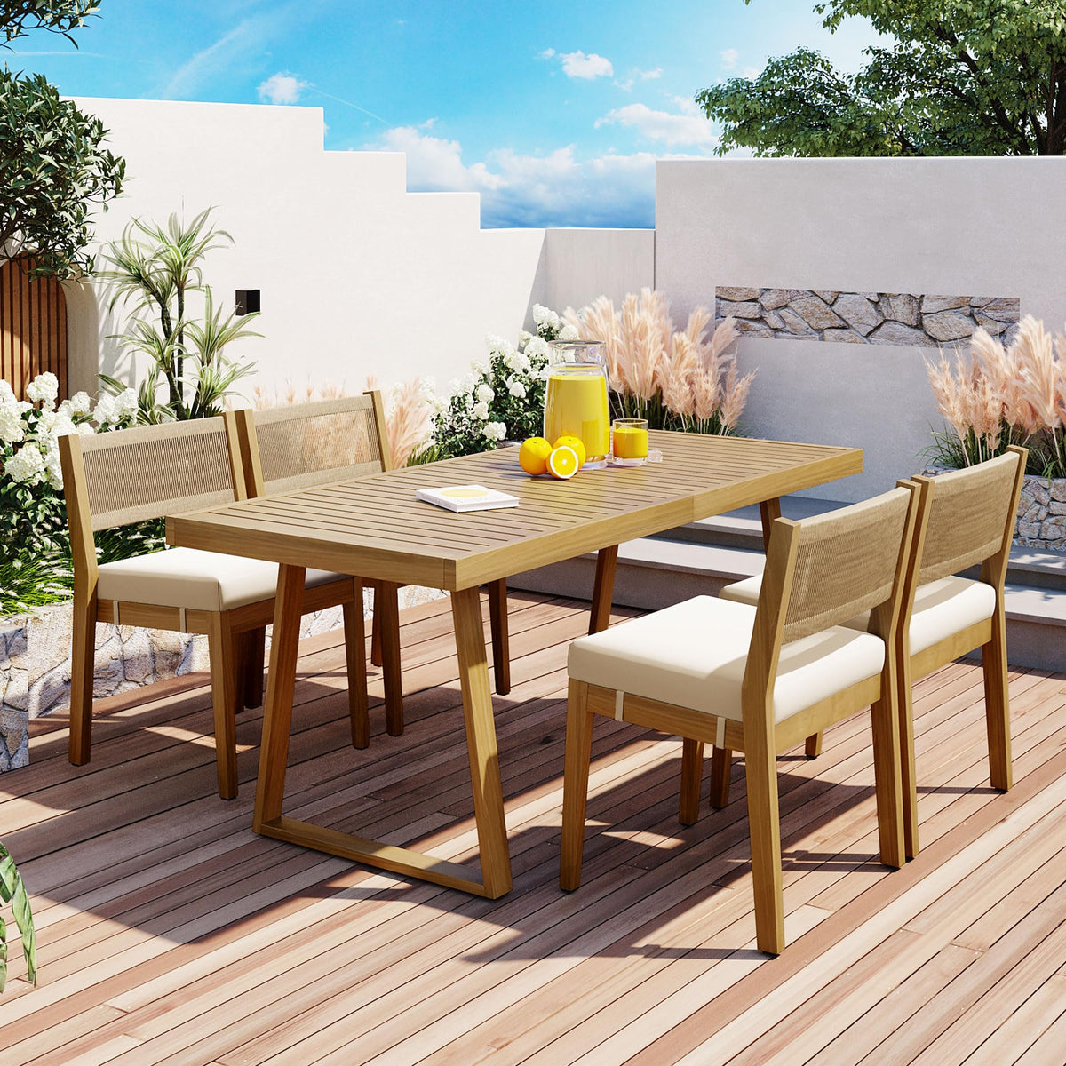 Merax Wood Outdoor Dining Table Set for 4,All Weather Patio Table & Chairs