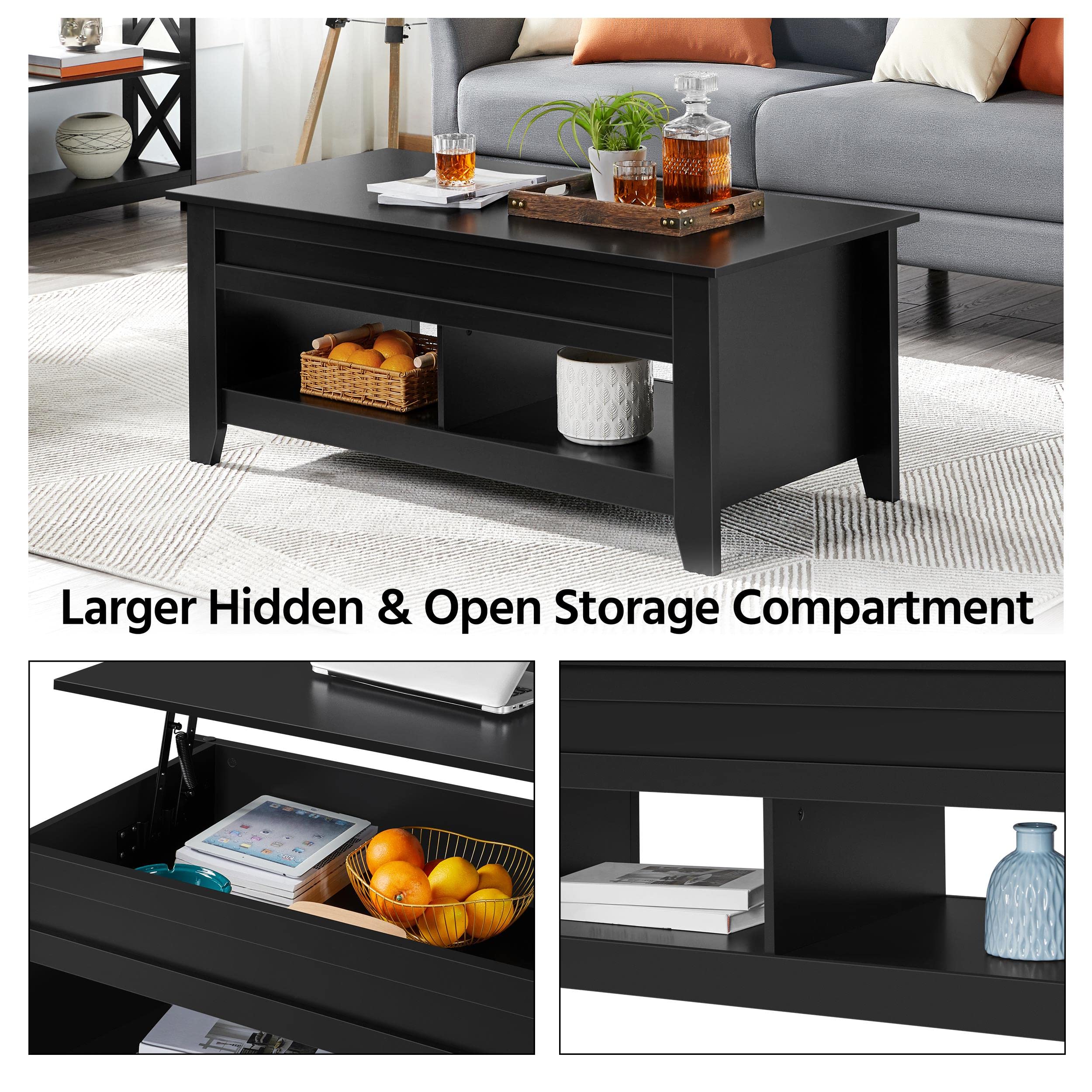 Yaheetech 47.5in Coffee Tables and 2PCS Side Tables Set, Lift Top Coffee Table with Storage and 3 Tier End Table with Storage Shelf for Living Room Black