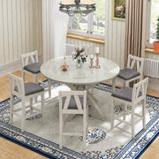 VECELO 7-Piece Solid Wood Foldable Dining Table Set for 6, Farmhouse Round Dining Table with 6 Upholstered Dining Chairs for Dining Room, Kitchen, Washed Gray