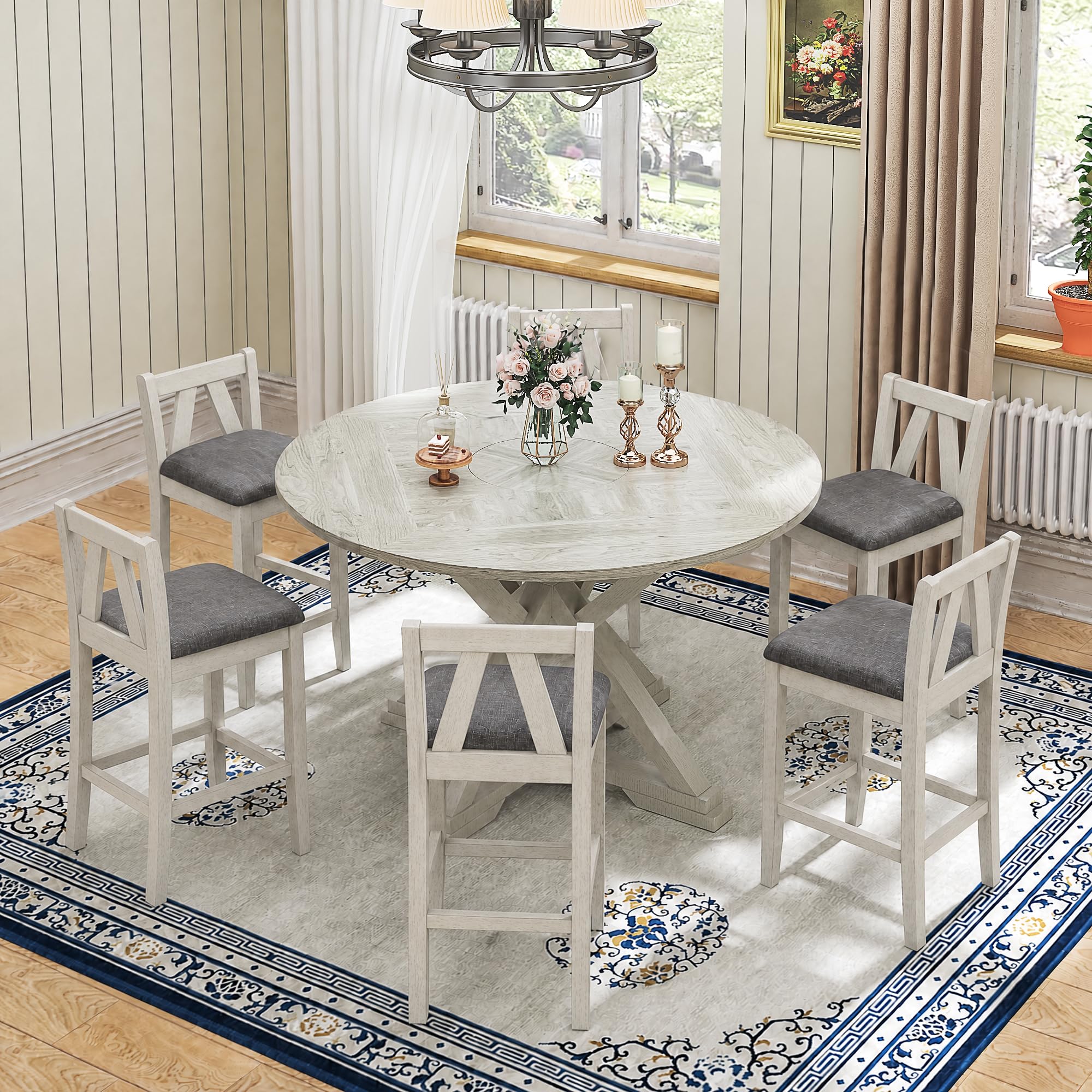 VECELO 7-Piece Solid Wood Foldable Dining Table Set for 6, Farmhouse Round Dining Table with 6 Upholstered Dining Chairs for Dining Room, Kitchen, Washed Gray