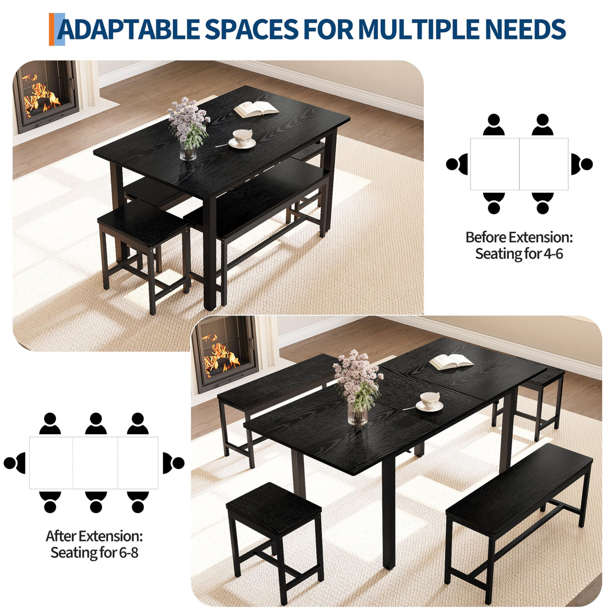 GarveeHome 5 PCs Dining Table Set for 6-8 People, 63 in Extendable Kitchen Table Set with 2 Benches and 2 Square Stools, Modern Dining Room Furniture Sets, Easy Assembly, Black