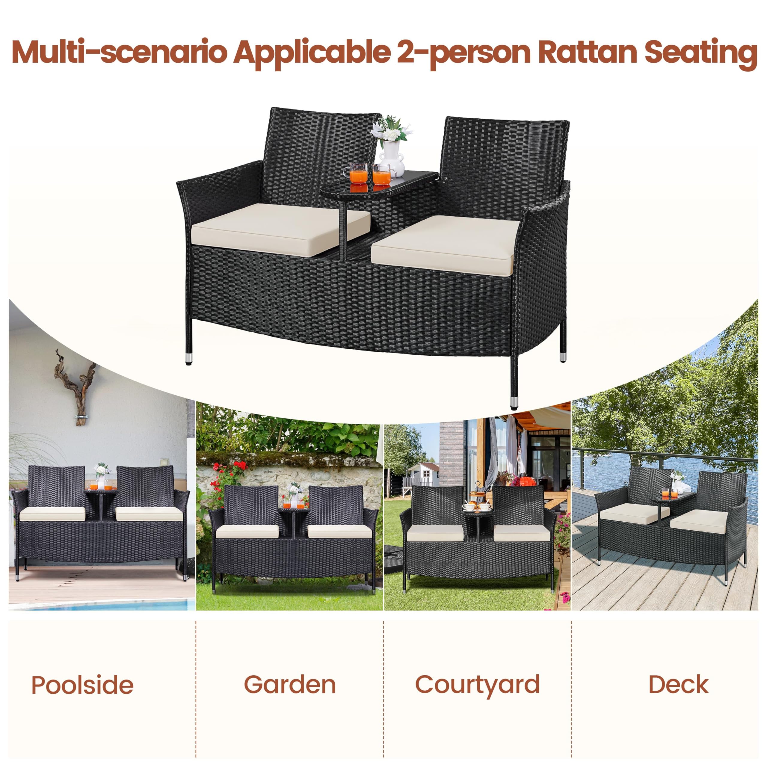 Outdoor PE Rattan Loveseat with Side Table & Cushions