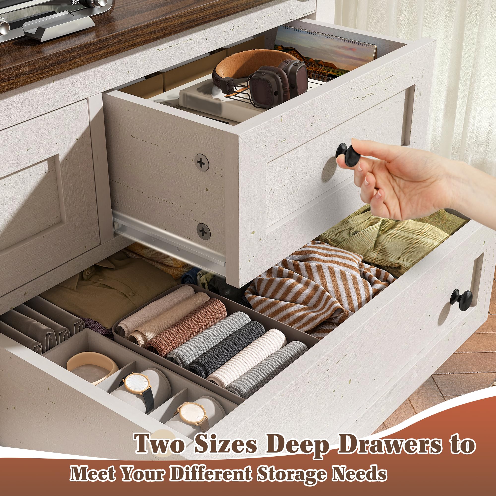 EnHomee Dresser for Bedroom with 7 Drawers White Dresser with Smooth Metal Rail TV Stand for Bedroom, Hallway, 15" D x 51.2" W x 31.5" H, Antique White