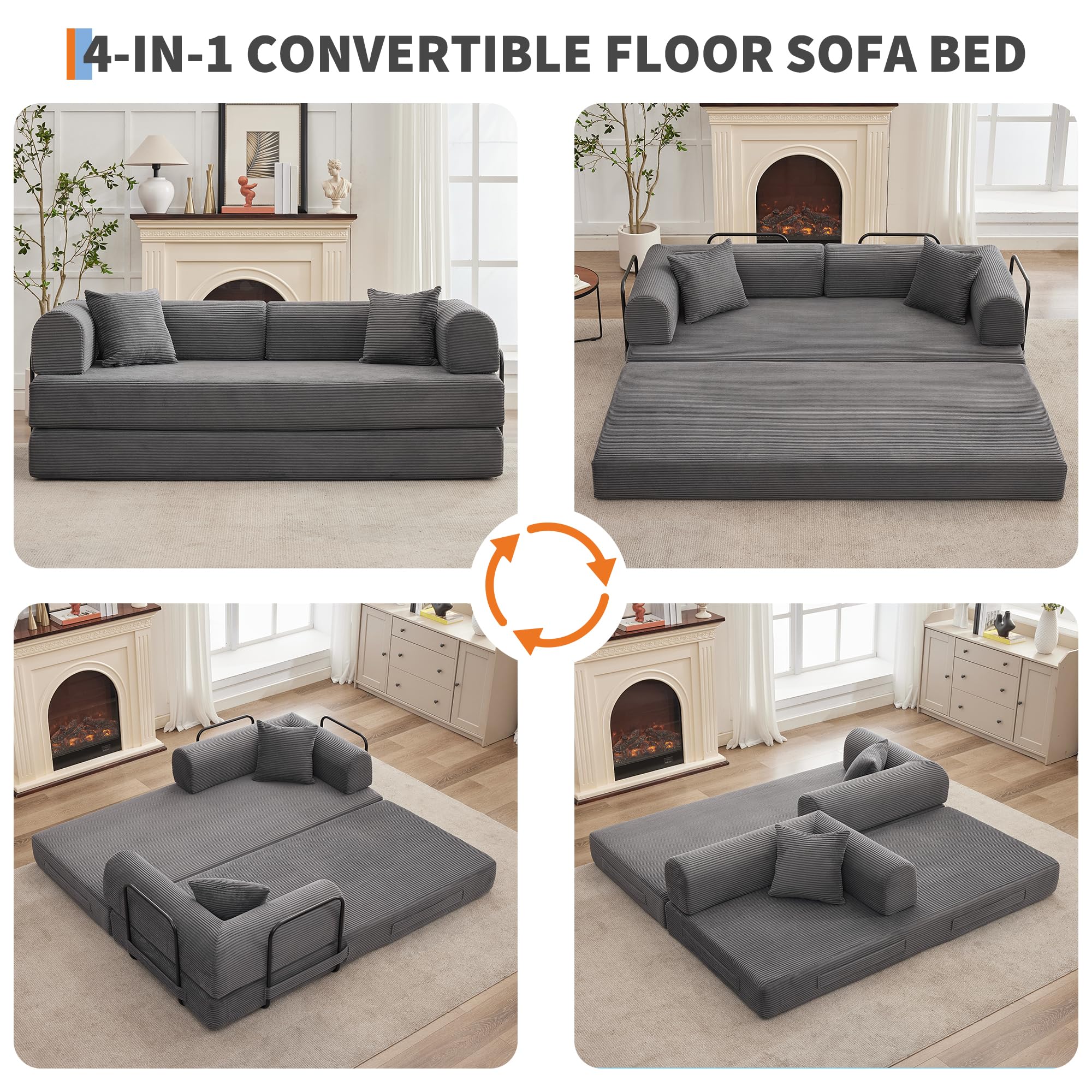 IDEALHOUSE 4 in 1 Convertible Sleeper Sofa Bed Couch, 79 Inch Boneless Corduroy Floor Couch with Pillows, No Assembly, Modern Deep Seat Sofa Futon Mattress for Living Room,Apartment,Gray