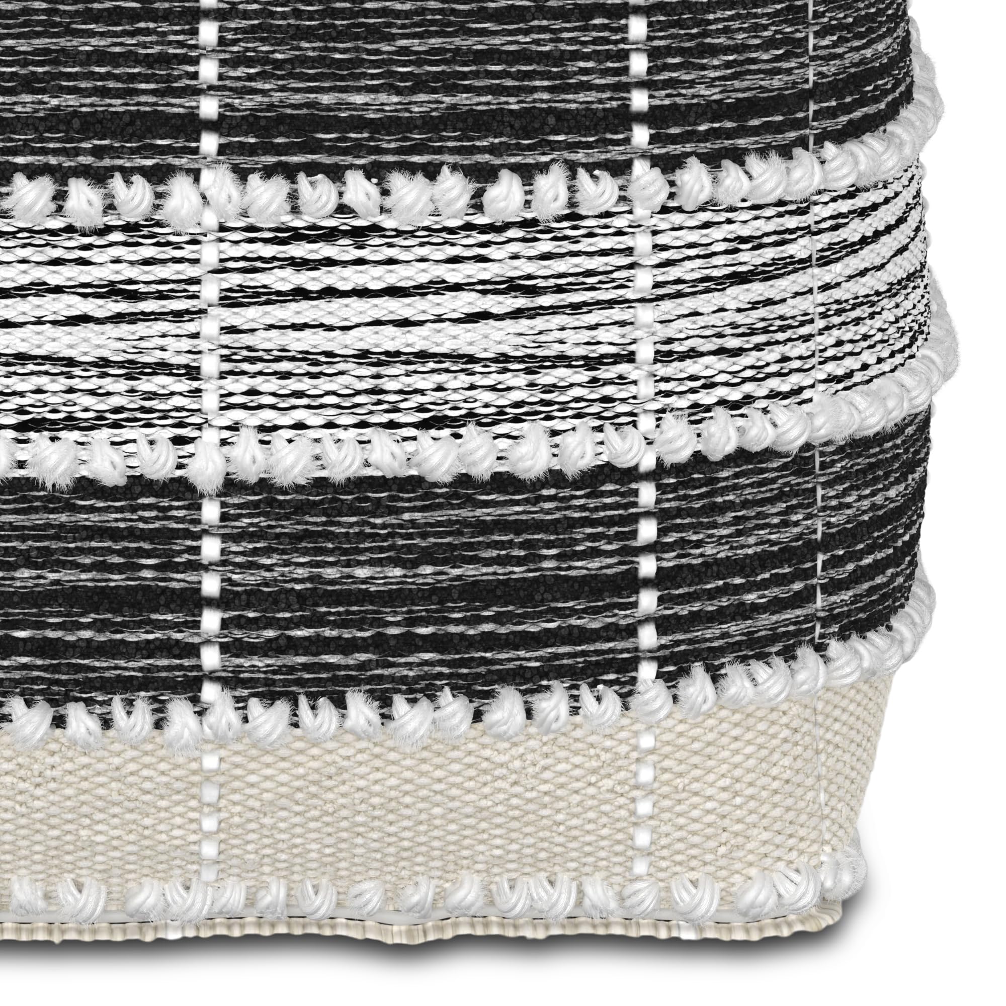 SIMPLIHOME Barley Square Pouf - 18 inch Wide Handcrafted Woven Polyester Pouf in White, Beige and Black, Boho Footstool or Extra Seating for Living Room or Patio with Polystyrene Filling, Assembled