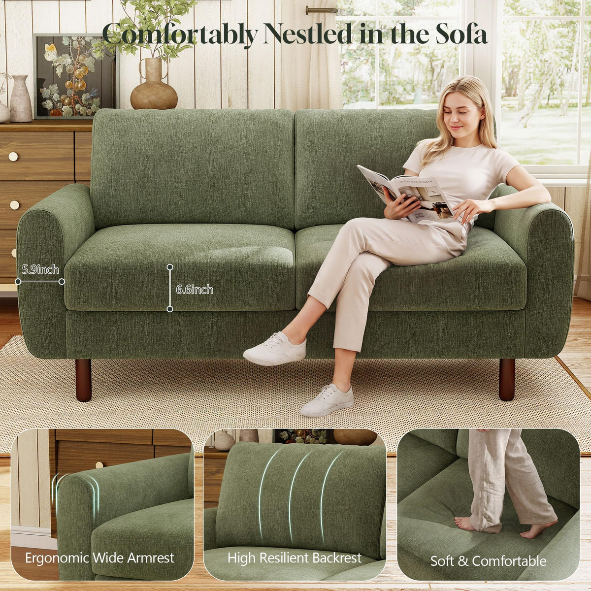 68" Green Chenille Loveseat Sofa