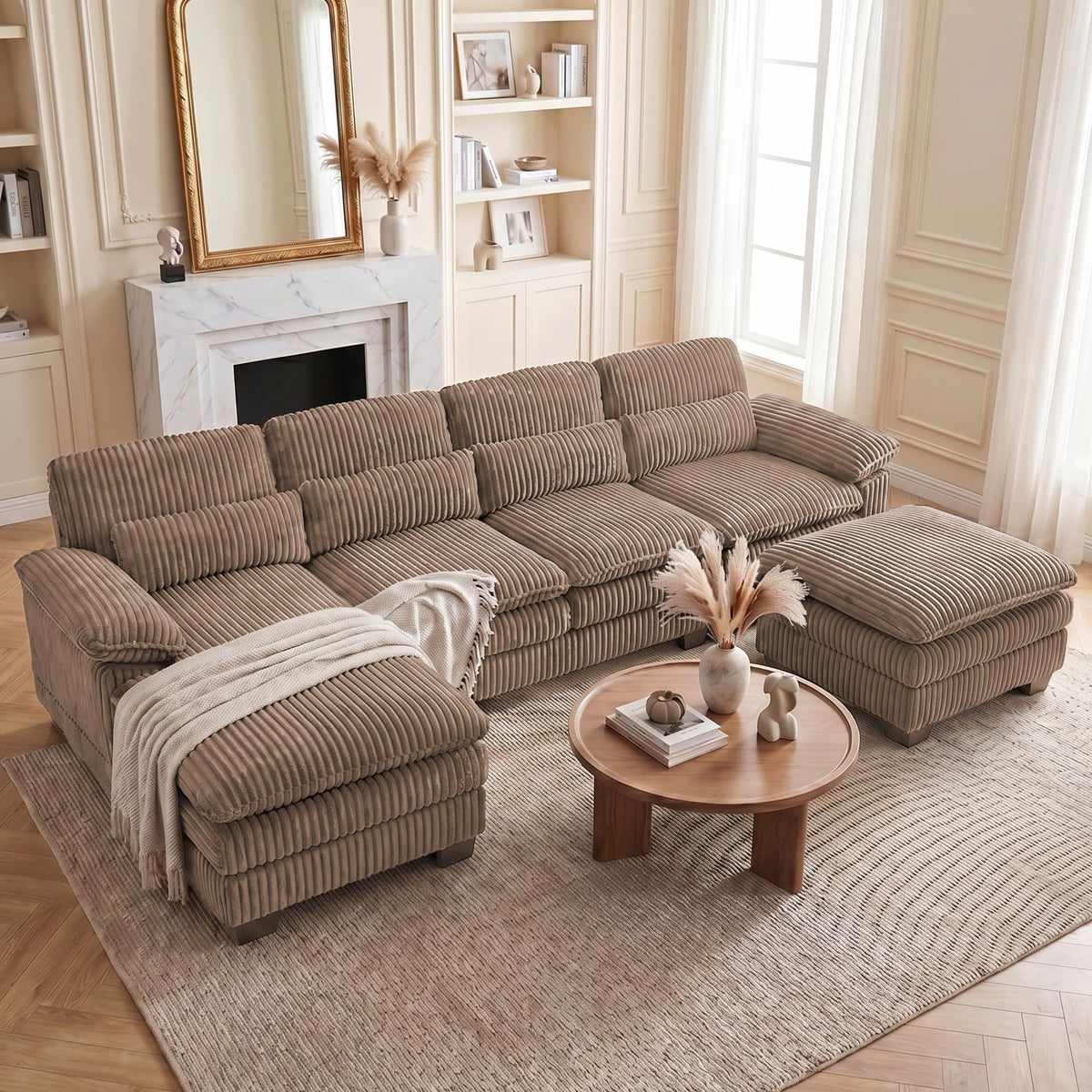 113" U Shaped Sectional Sofa Modular Couch with Ottoman, Corduroy Brown
