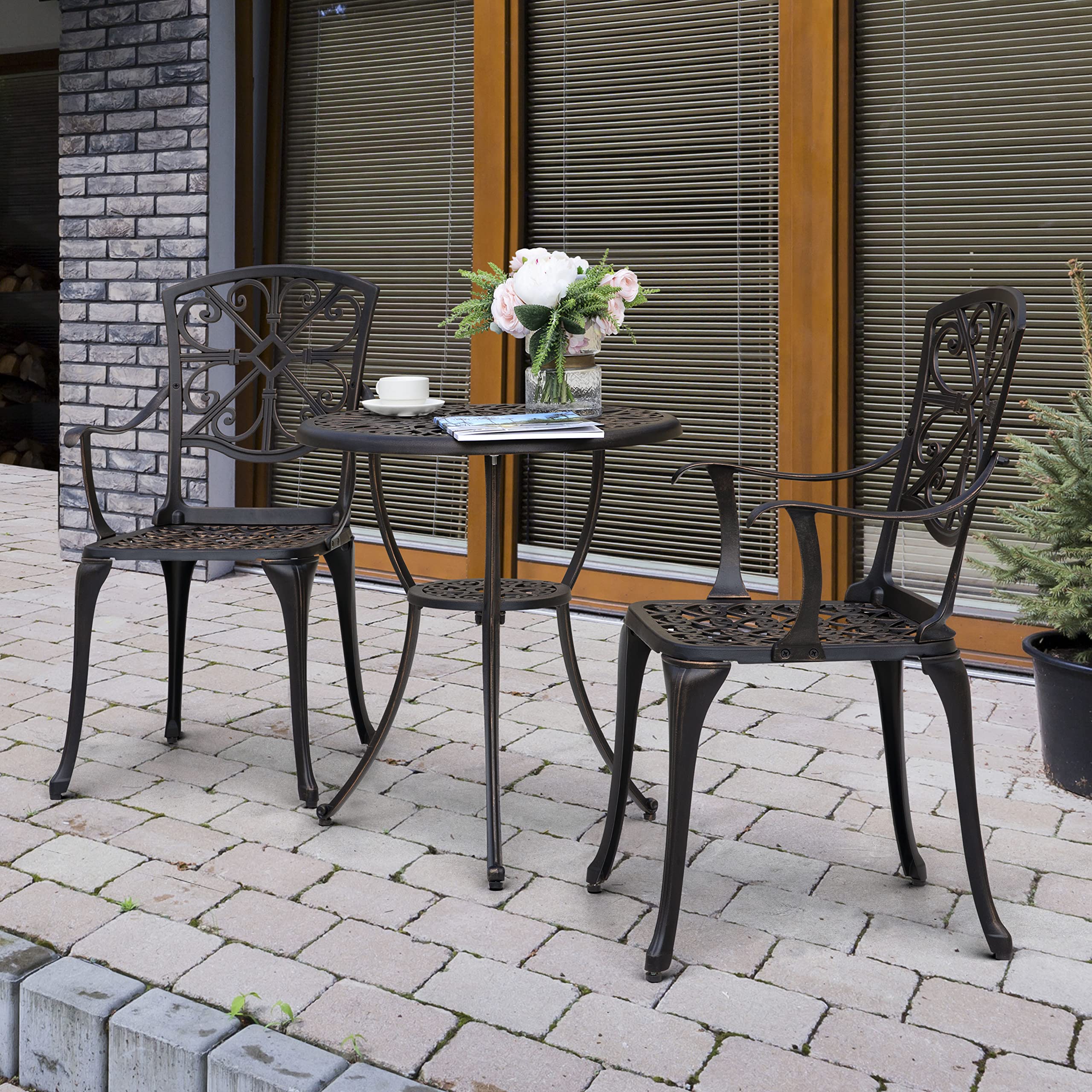NUU GARDEN 3 Piece Outdoor Bistro Set Cast Aluminum Patio Set Bistro Table Set Rustproof Patio Table and Chairs with Umbrella Hole for Backyard, Balcony, Front Porch, Black