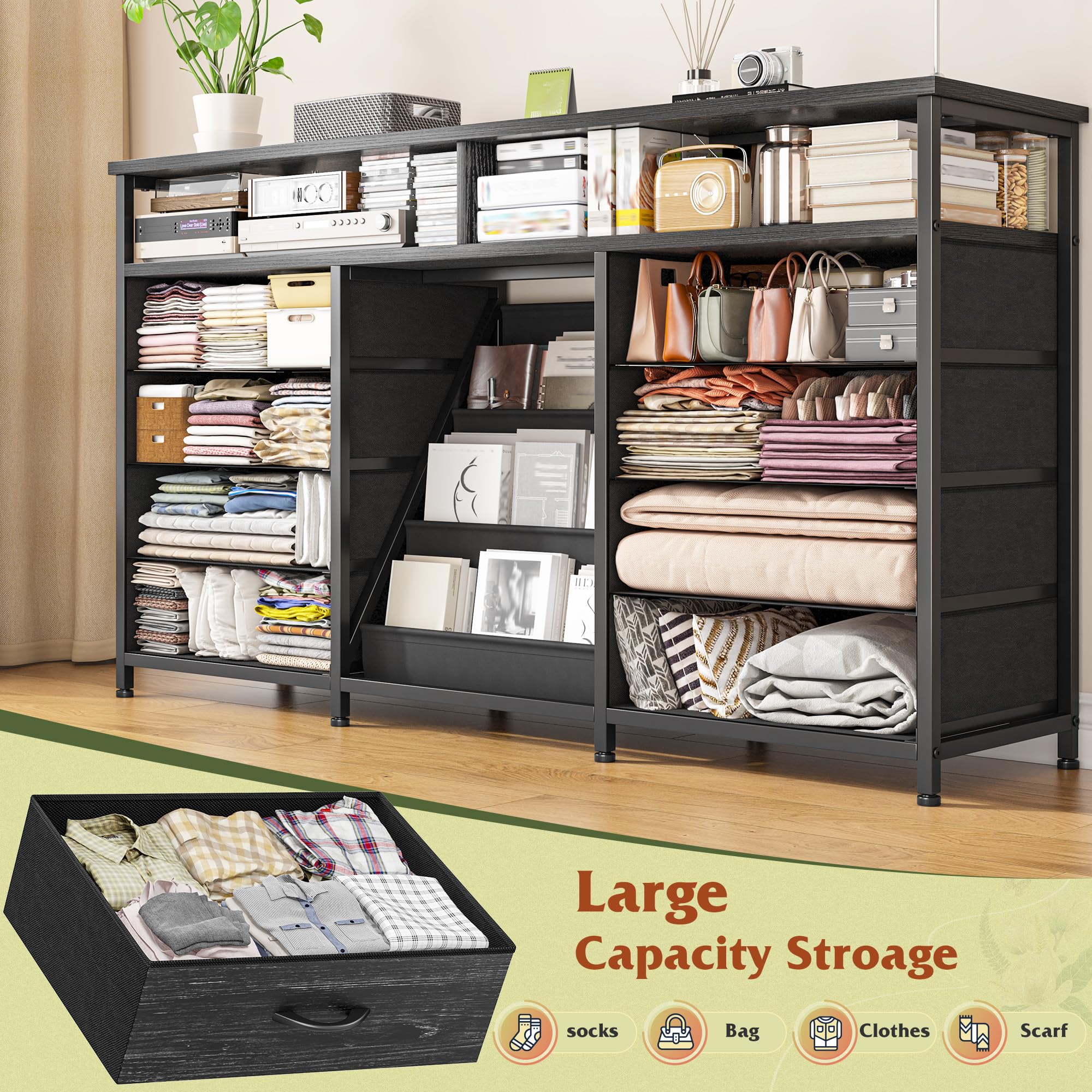 EnHomee 55 ” W Dresser for Bedroom with Bookrack & 8 Fabric Drawers, Dresser TV Stand with Power Outlet & LED Lights for 65 Inch TV, Chest of Drawers for Cabinet, Entryway, Charcoal Black