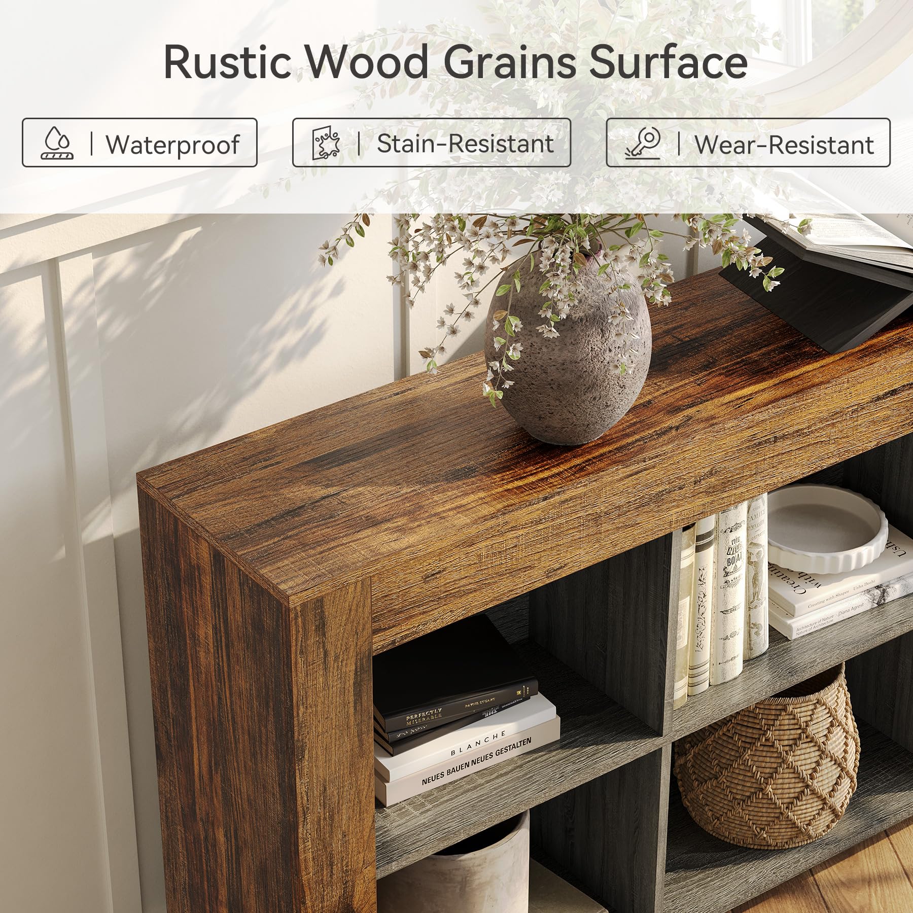 LITTLE TREE Console Table with Storage, 63-Inch Narrow Long Sofa Table, Entryway Table with 6 Cubes, Farmhouse Storage Shelves for Entryway, Living Room