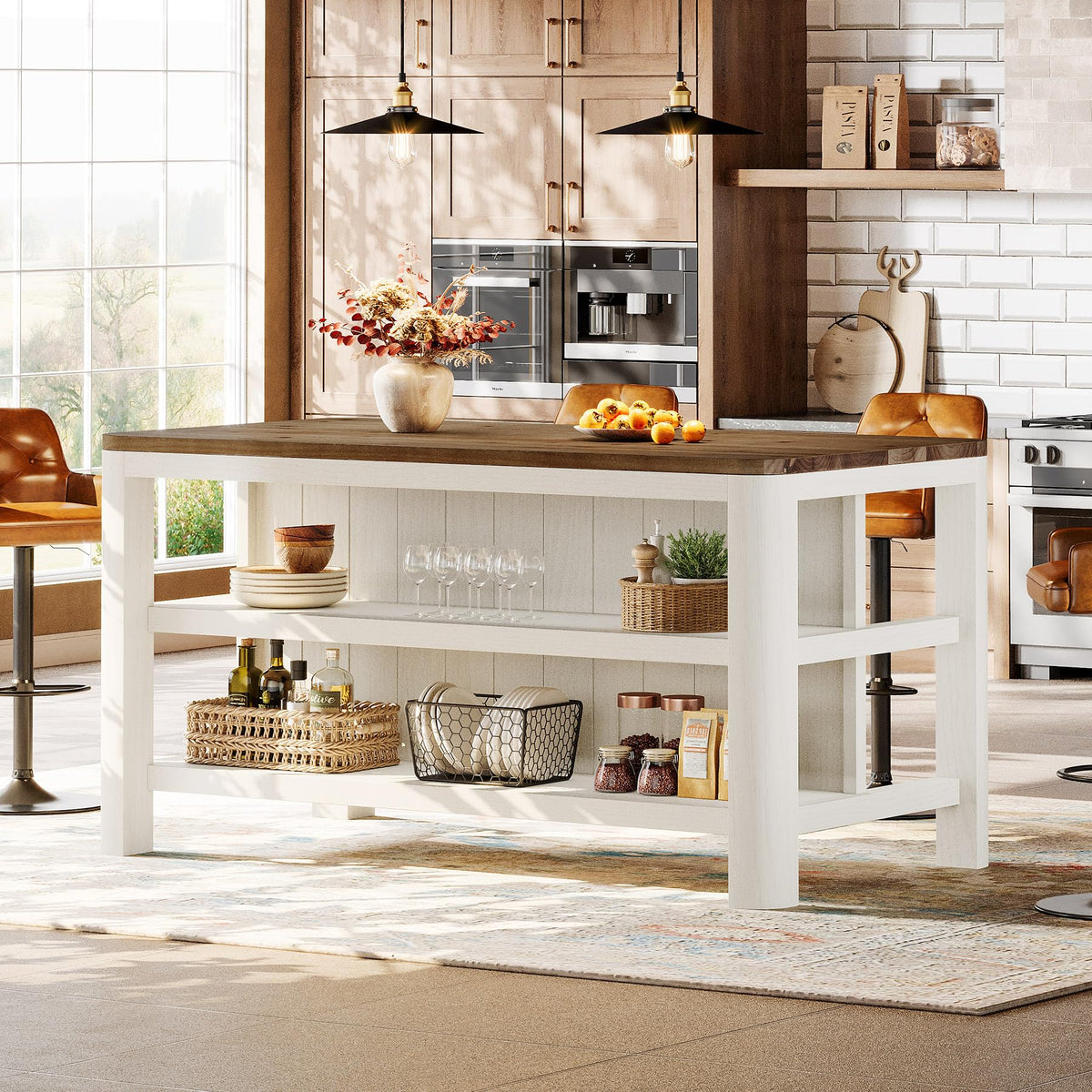 Solid Wood Kitchen Island with Shelves