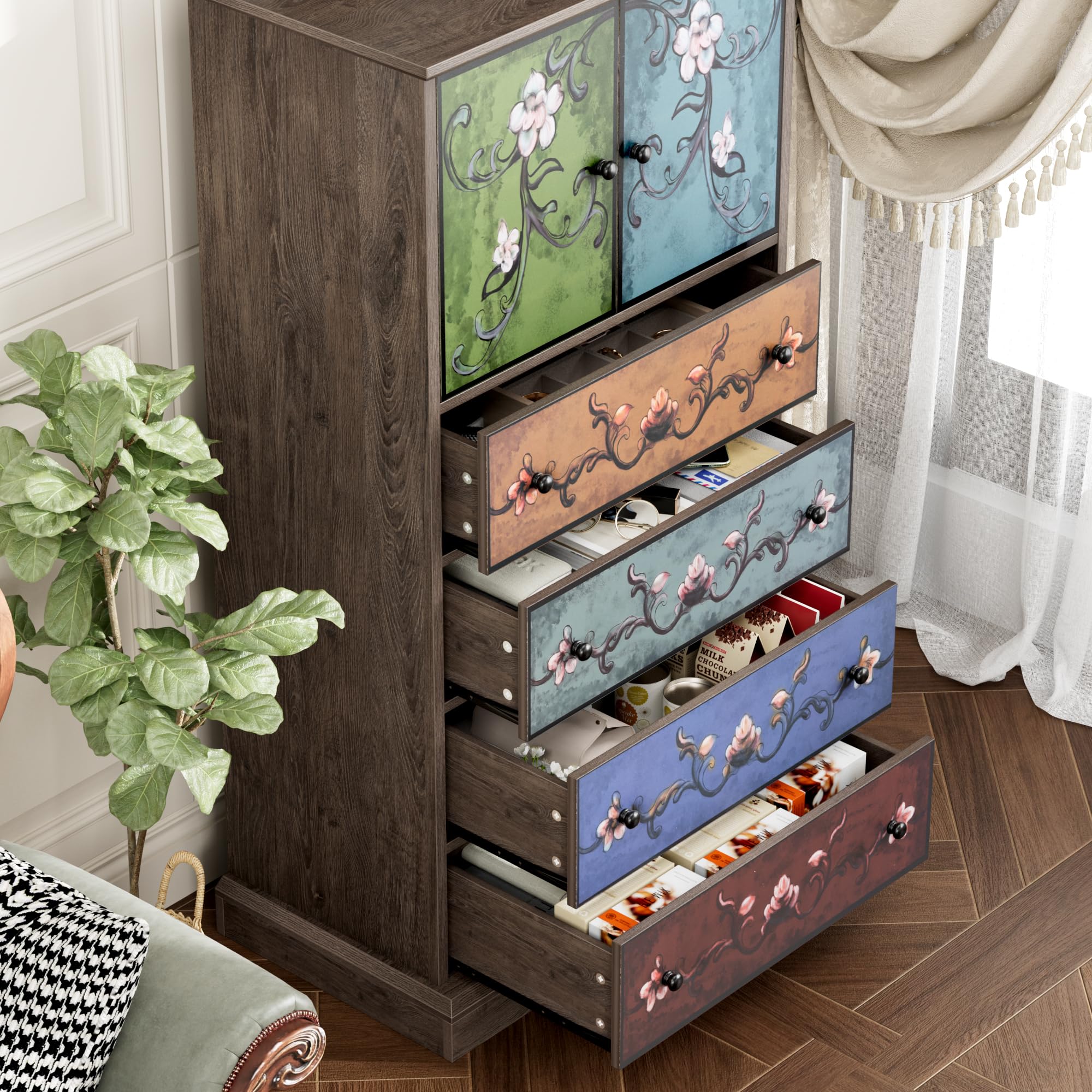 FINETONES 50’’ Tall Dresser, Boho Dresser Vintage Dressers with 4 Drawers and 2 Doors, Wood Chests of Drawers for Home, 16.1D x 23.6W x 50H Inch