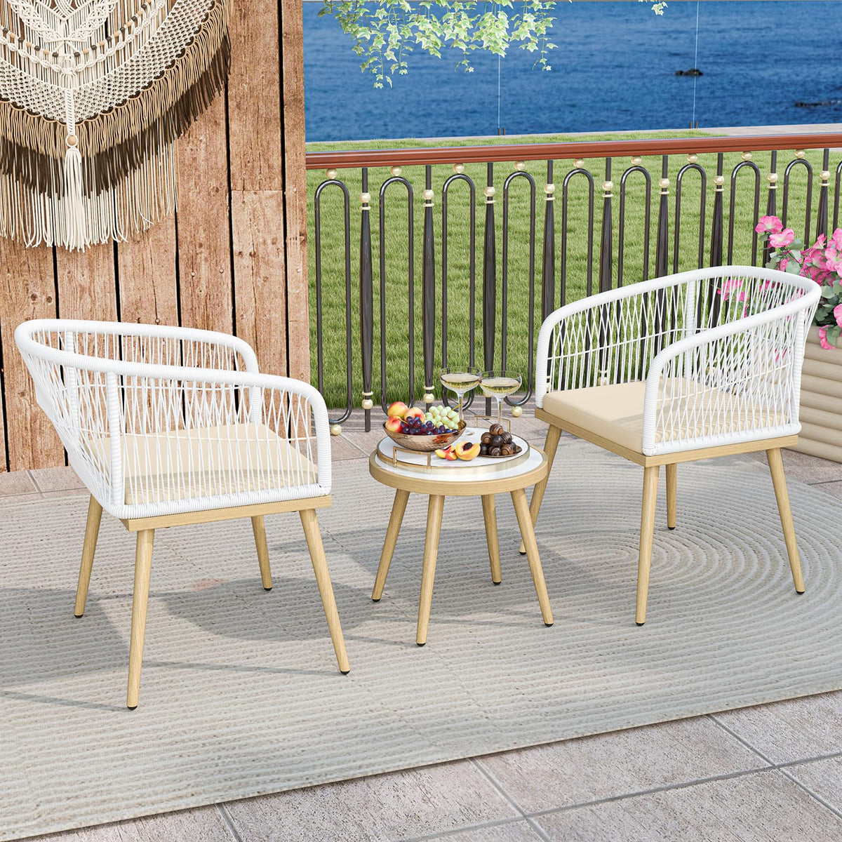 Tangkula 3 Pieces Patio Bistro Set, Outdoor PE Wicker Conversation Furniture Set with Cushions, Tempered Glass Coffee Table and Galvanized Metal Frame, Outdoor Rattan Chair Set for Porch, Balcony