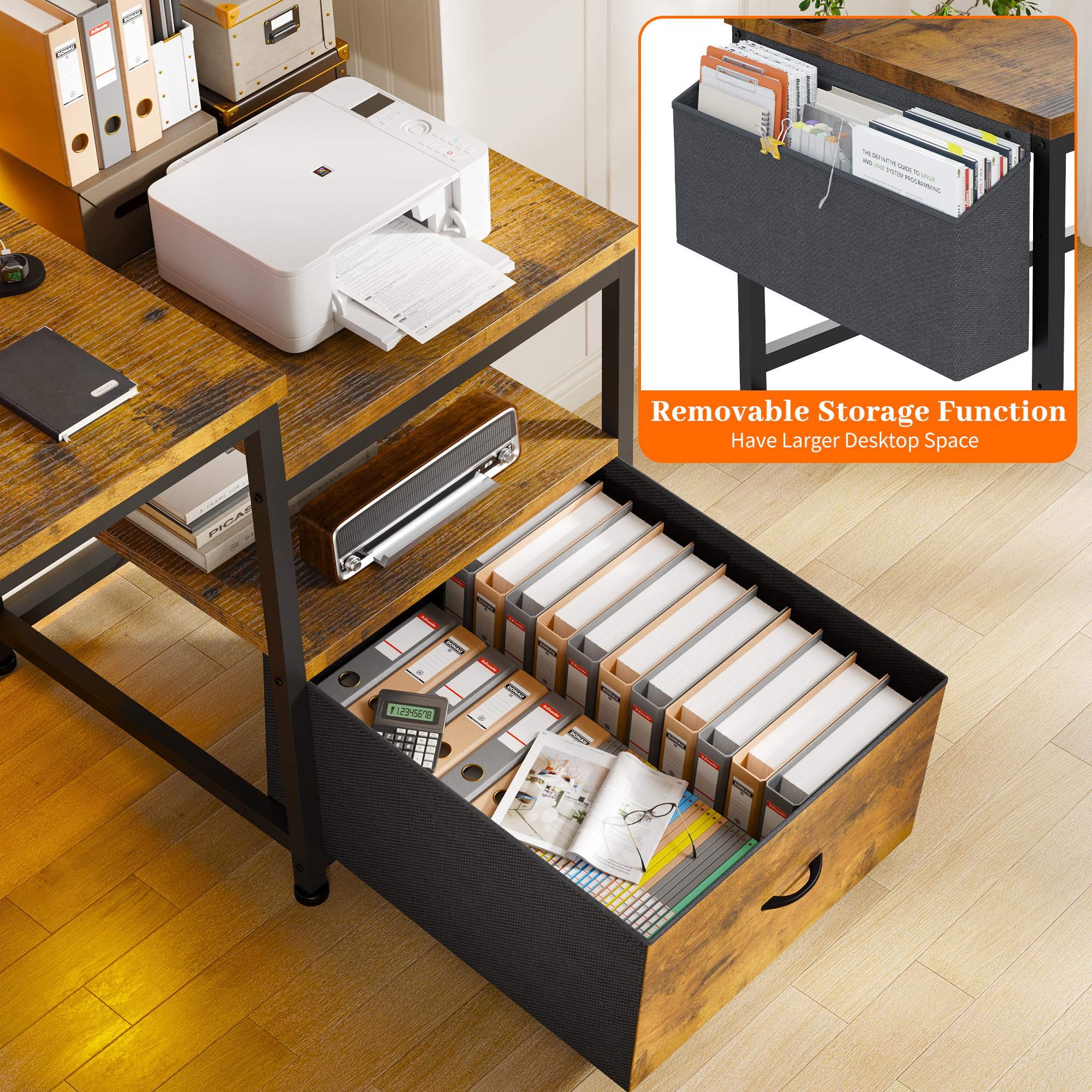 56.5" Office Desk with Monitor Stand, Filing Cabinet & Power Outlets
