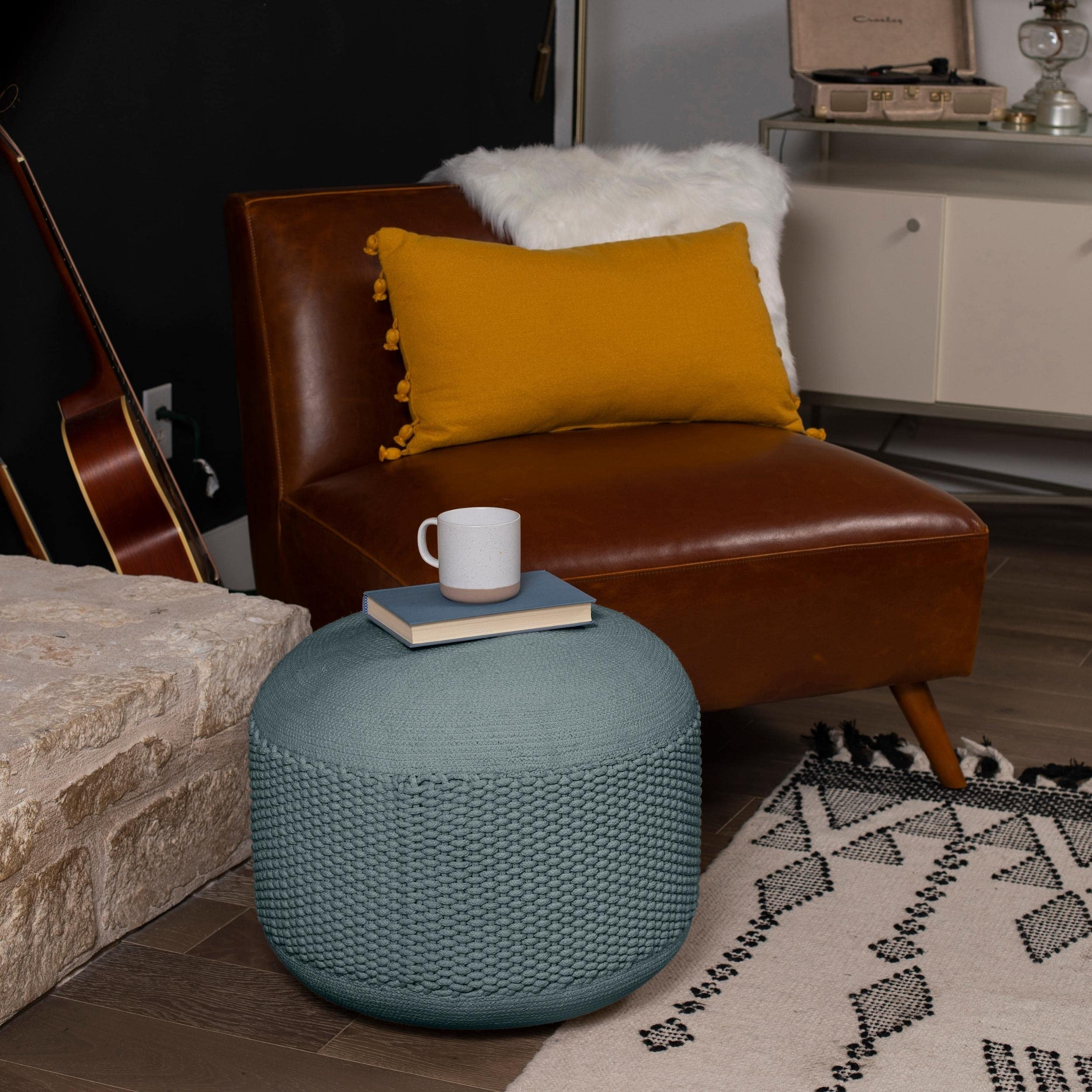 BIRDROCK HOME Outdoor Pouf Ottoman - Mist - Woven Indoor or Backyard Patio Use - Floor Footstool for Living Room- Knit Bean Bag - Oversized Padded Chair - Moroccan Foot Rest