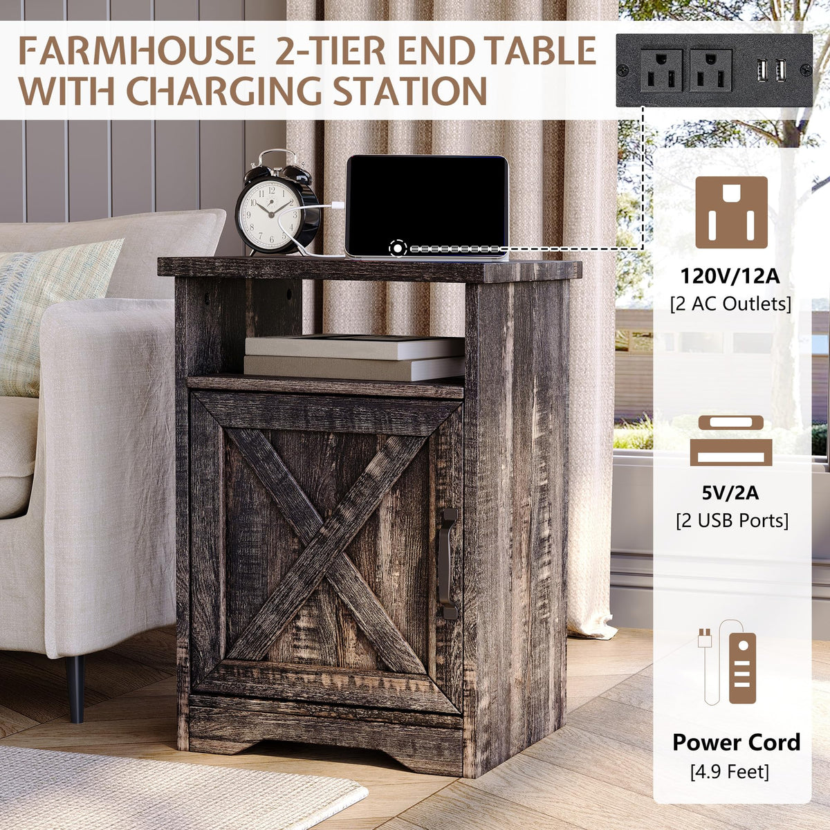LUXOAK 3 Piece Living Room Table Set with Barn Door, Black Oak