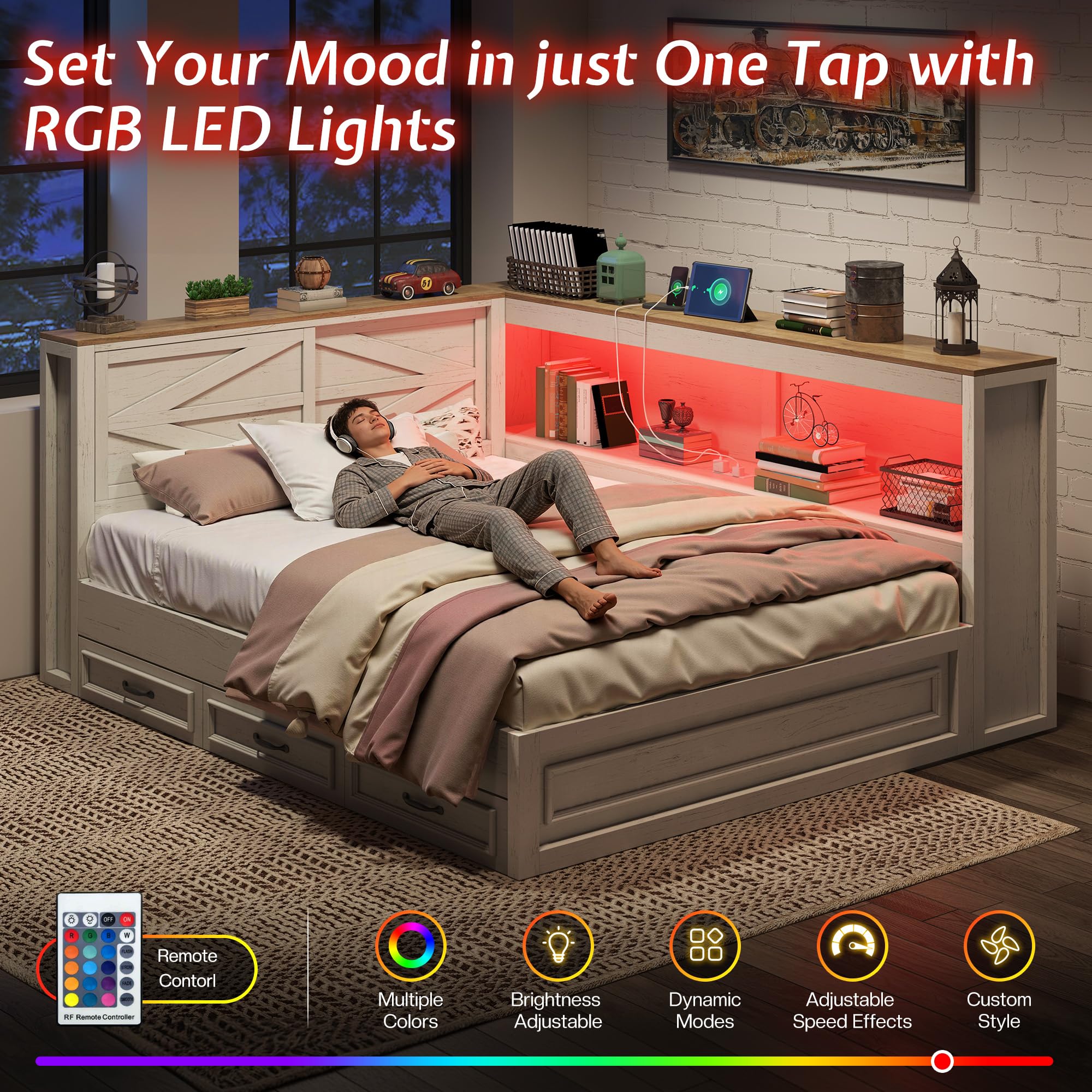 Twin Storage Bed with Bookcase Headboard & LED Lights