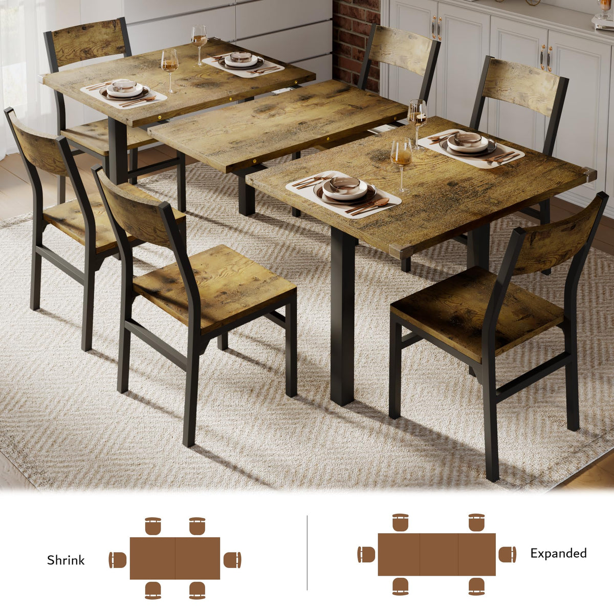 iPormis 7-Piece Dining Table & Chairs Set for 4-6, 63" Extendable Kitchen Table with 6 Chairs, Dining Room Table with MDF Board & Metal Frame, Perfect for Small Space,Easy Assembly, Rustic Brown