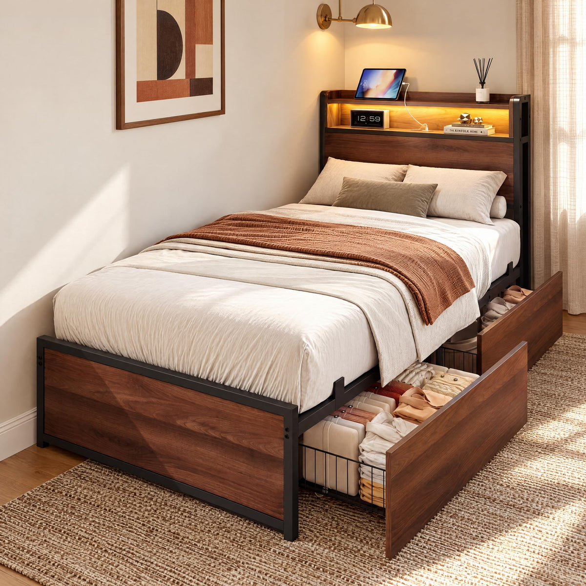 LIKIMIO Twin XL Bed Frames with 2 Large Drawers, Charging Station & RGB LED