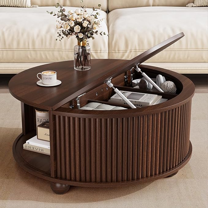 Fluted Round Coffee Table with Sliding Storage
