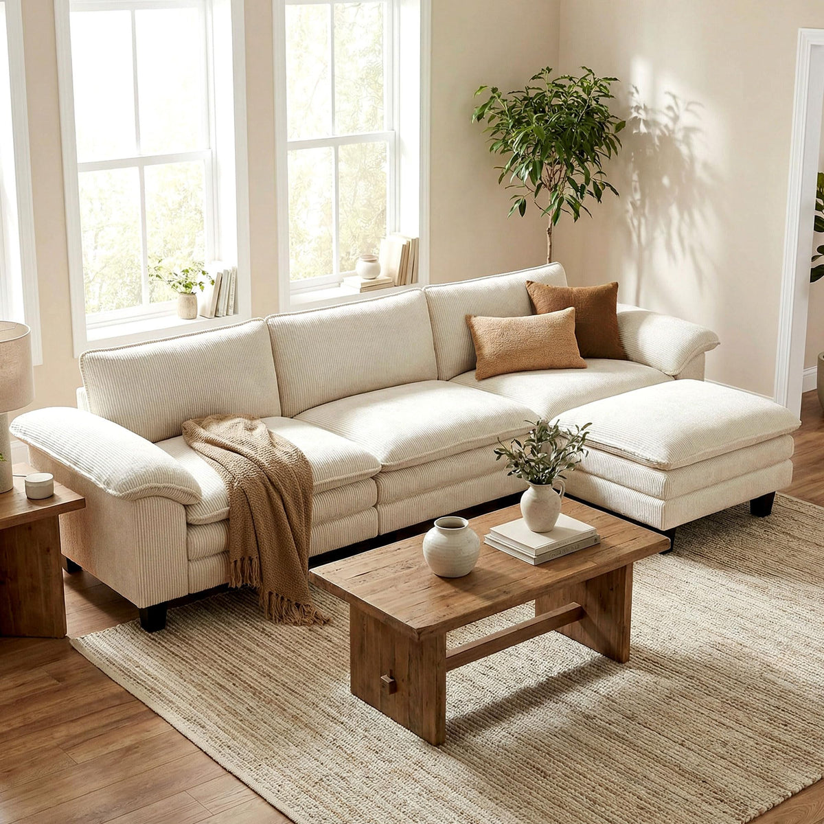 Corduroy Sectional Sofa with Ottoman