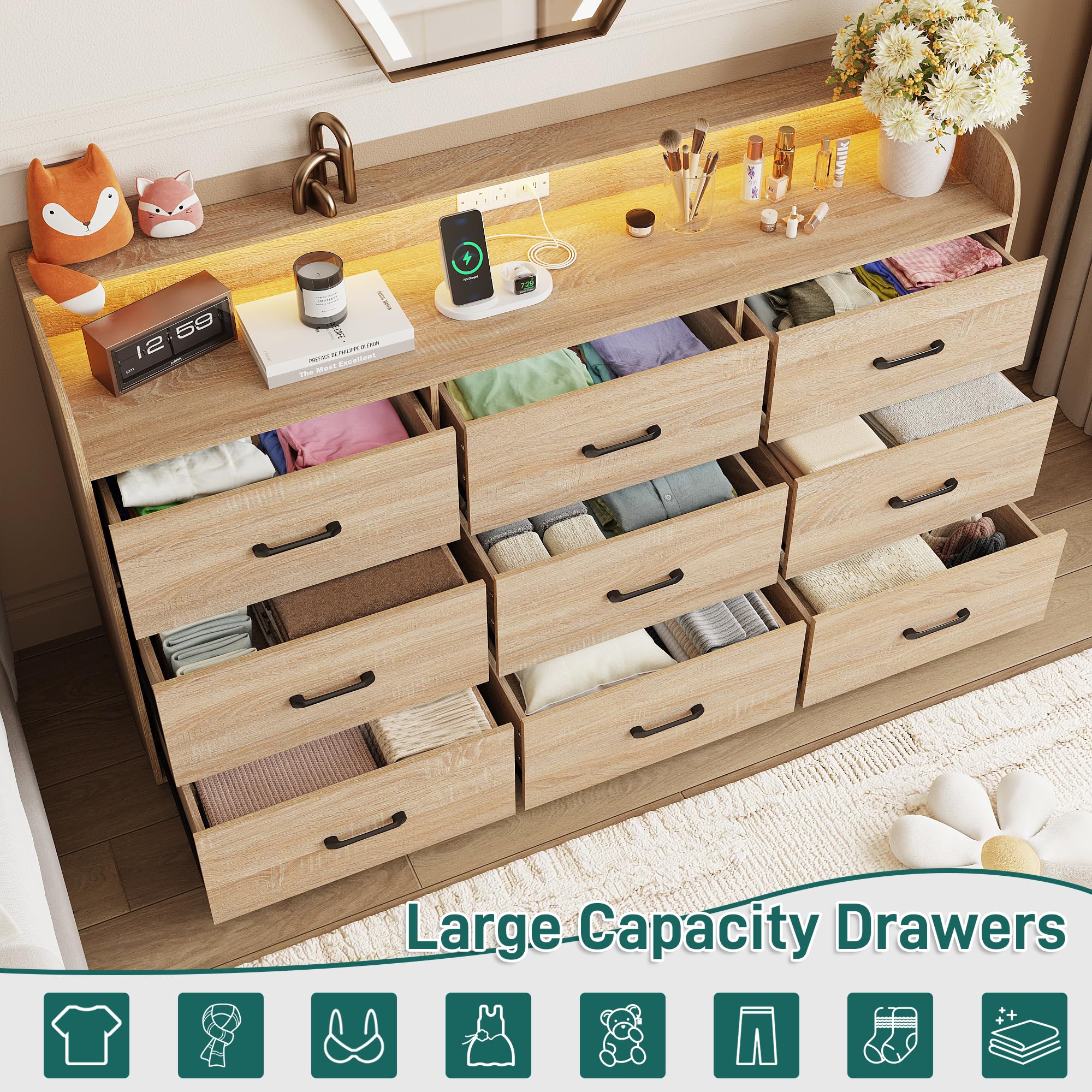 9 Drawers Dresser for Bedroom, 63" Wood Dresser with Power Outlet, LED Lights and Deep Drawers, Wide Chest of Drawers, Modern Minimalist Closet Dressers for Kids Bedroom, Living Room, Nursery, Oak