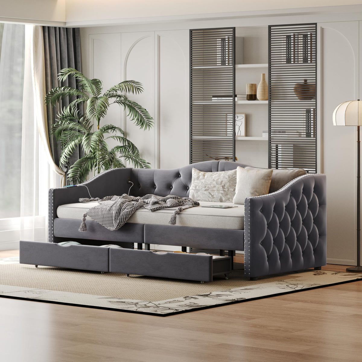KEIKI Full Size Daybed with 2 Drawers & USB Charging Port, Upholstered Velvet Captains Bed Frame with Storage for Bedroom/Guestroom/Dorm, Gray