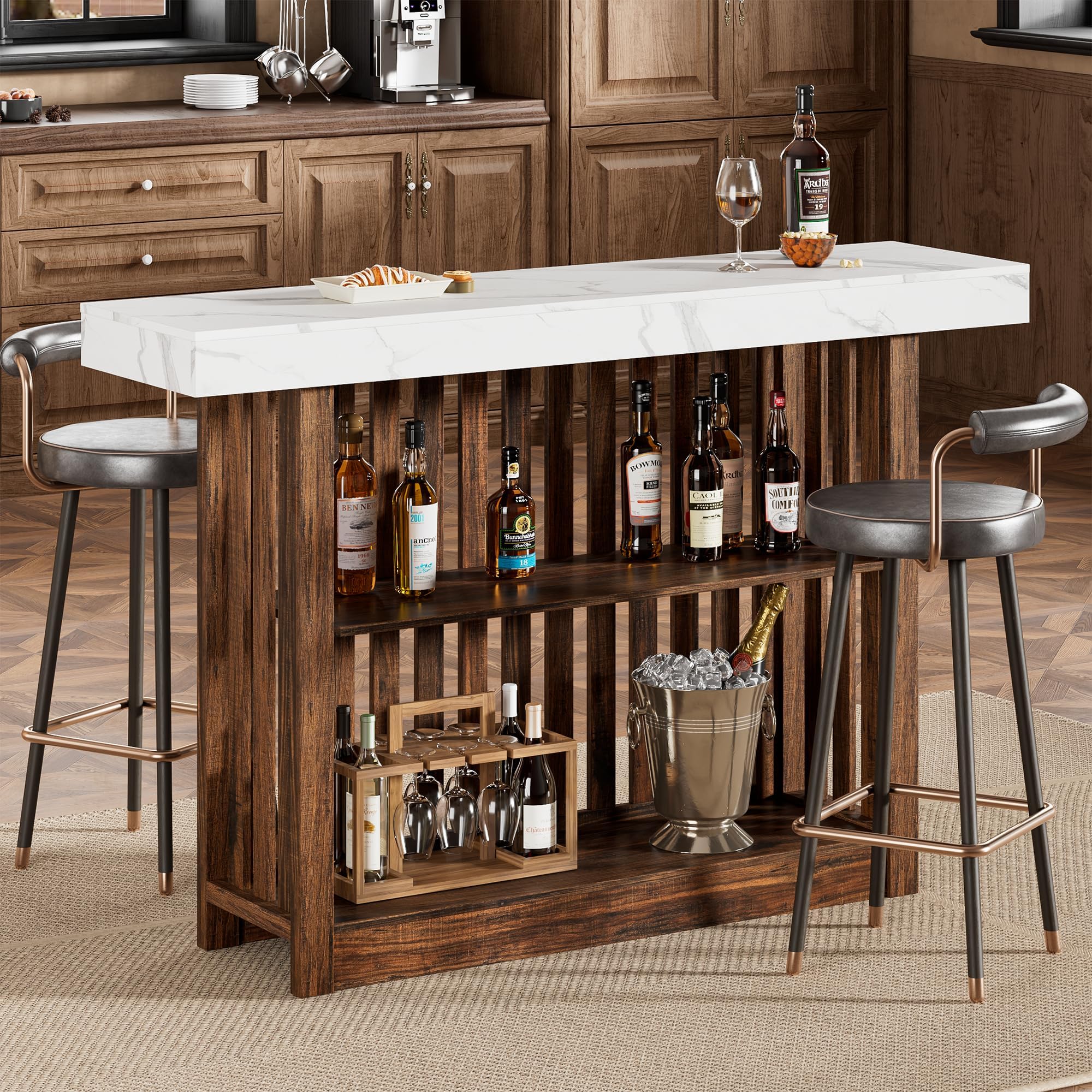 GarveeHome 63" Long Bar Table - Counter Bar Height Pub Table with 2 Tier Storage Shelves, Modern Coffee Breakfast Bar Unit for Dining Room, Bistro, Living Room, White + Walnut