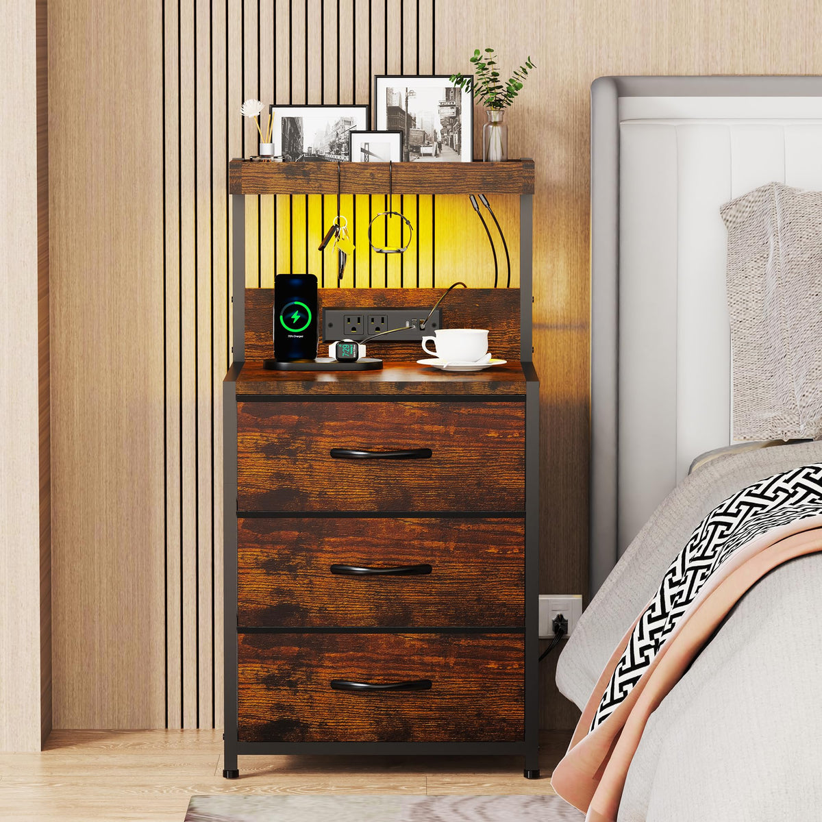 SZLHANJZ Nightstands Set of 2, LED Light and Charging Station, 3 Drawers
