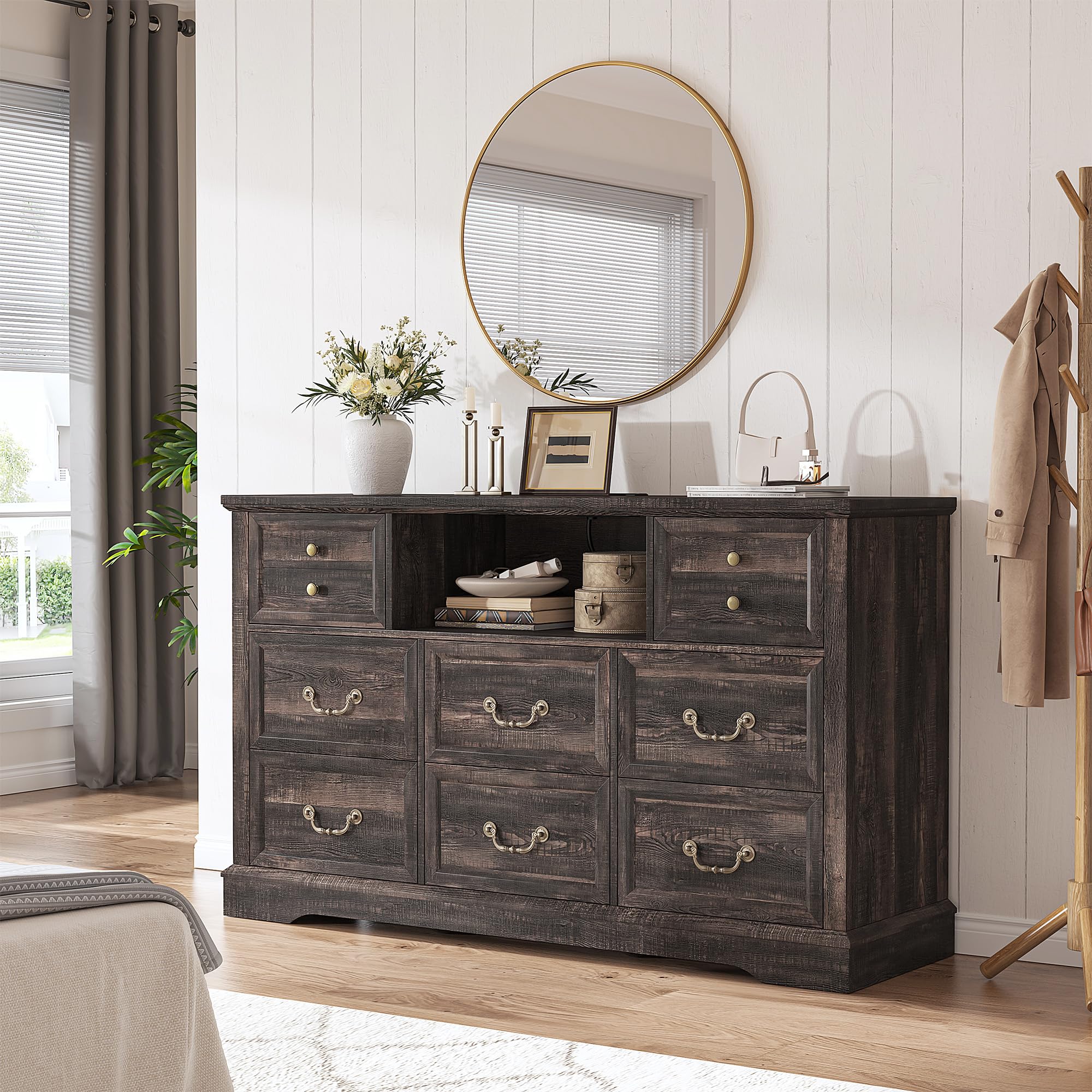 EnHomee 8 Drawers Dresser with Power Outlets and LED Lights,55" W Rustic Wooden Dressers & Chests of Drawers for Bedroom, Hallway, Rustic Oak, 55" W x 34.5" H x 15.7" D