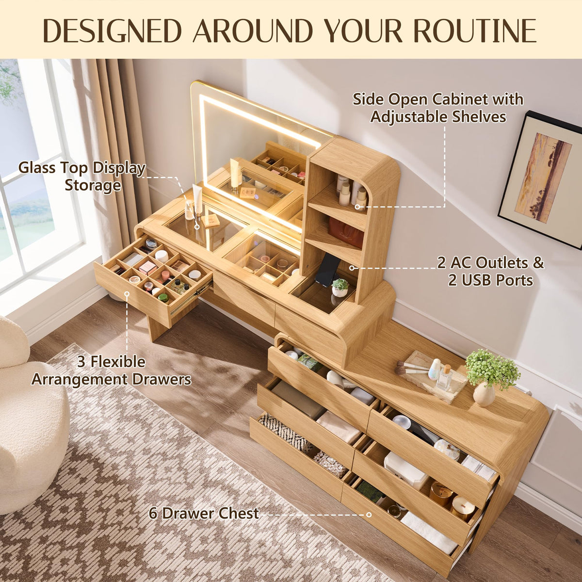 76" L-Shaped Vanity Desk with Mirror and Lights & Power Outlet, Natural
