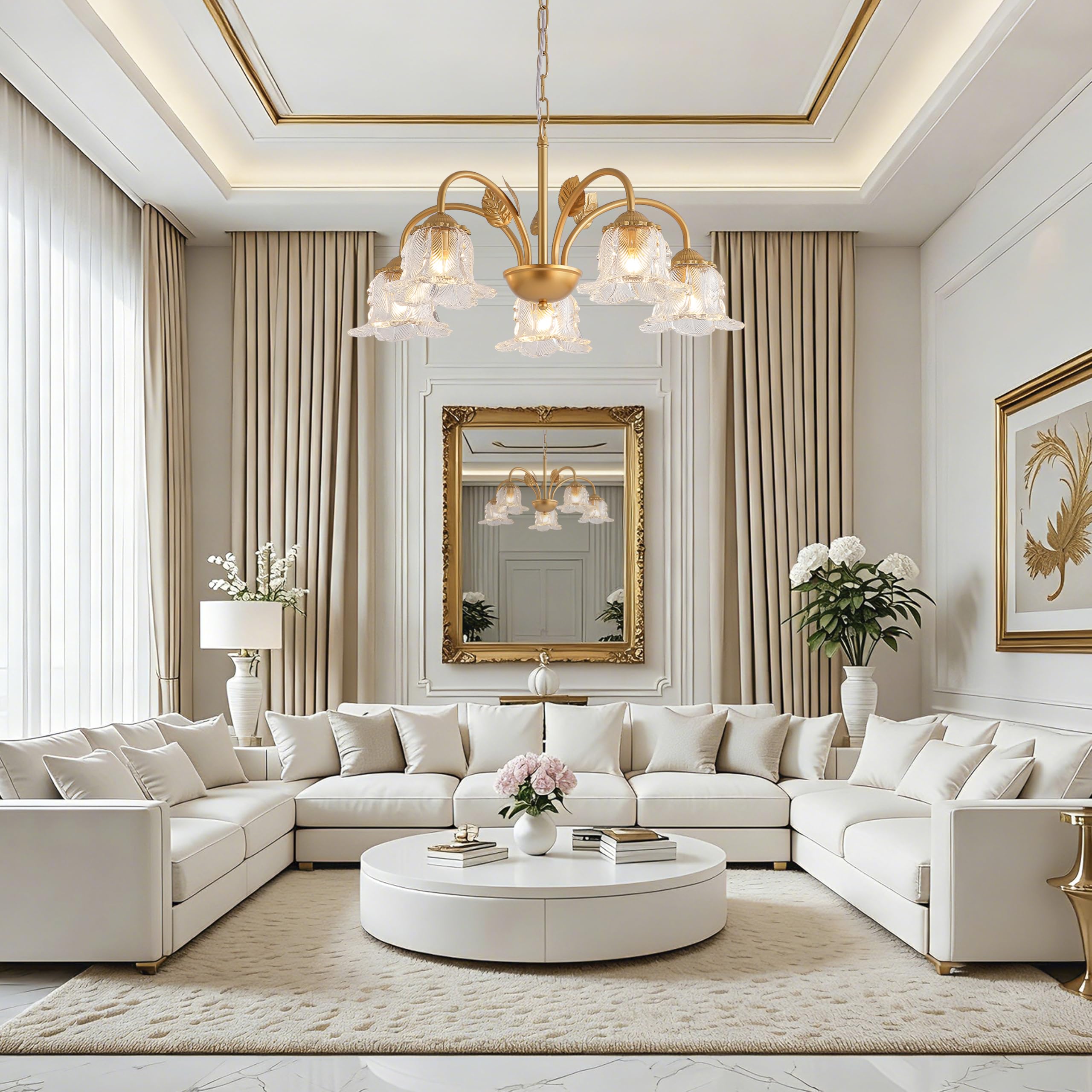 NZZDYI 5-Light Vintage Chandeliers for Dining Room 25" Modern Gold Glass Chandelier Rustic Adjustable Pendant Light Fixture for Kitchen sland Living Room Bedroom