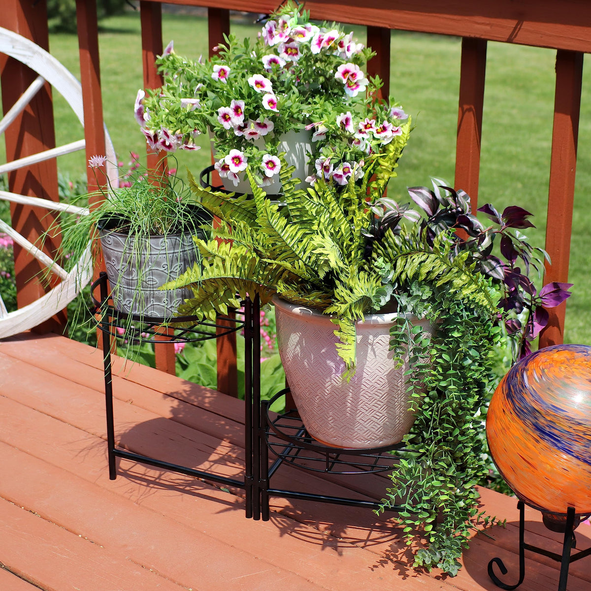 Sunnydaze Folding Metal 3-Tiered Plant Stand for Flowers, Set of 2, Black