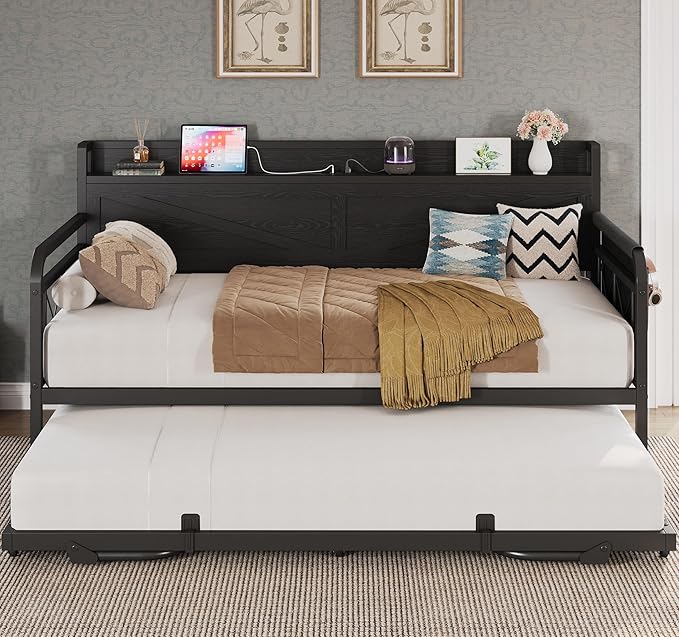 Twin Daybed with Pop-Up Trundle & Storage Headboard
