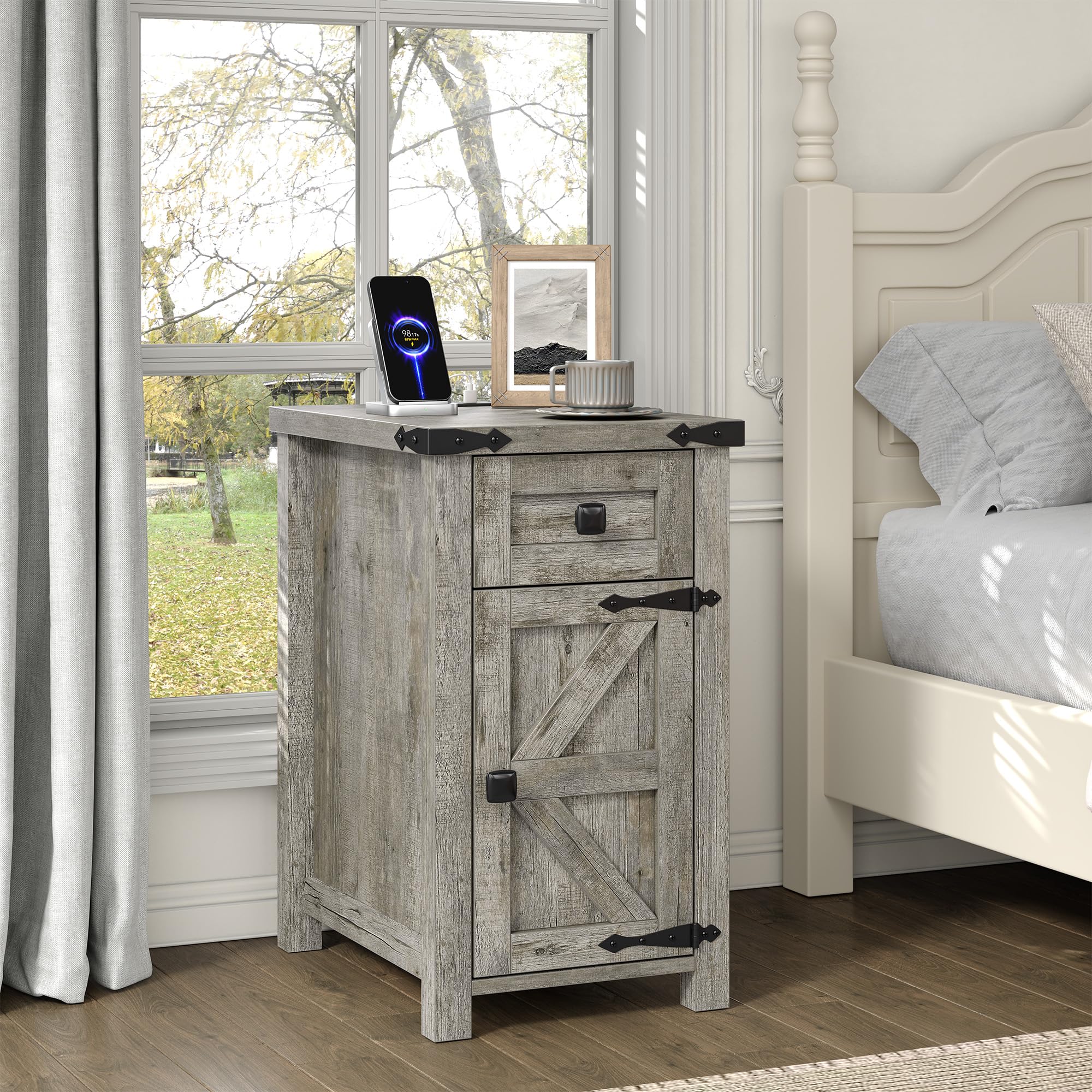 3-Piece Coffee & End Table Set with Charging Station, Oak Grey
