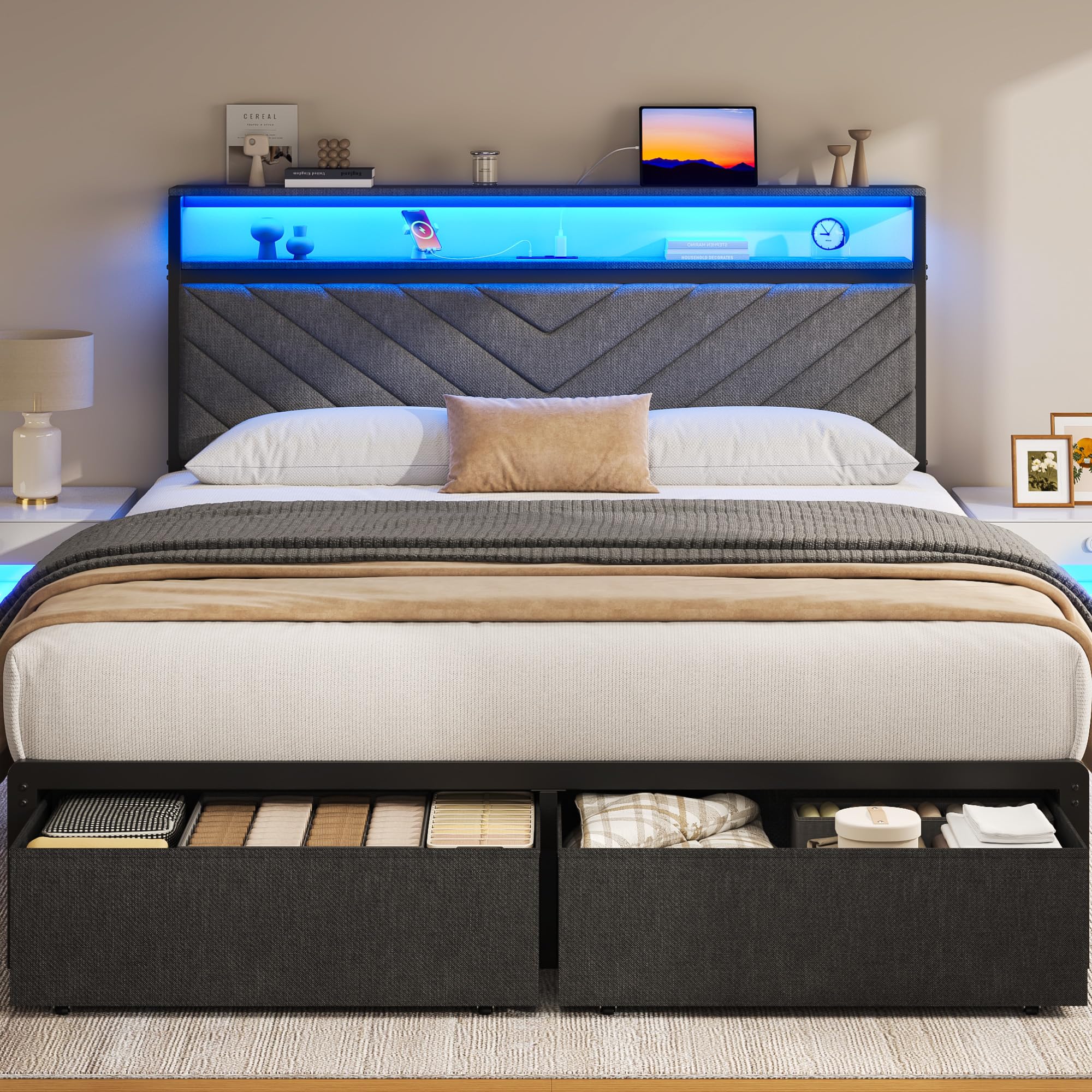 Upholstered Bed Frame with Storage Drawers, Charging Headboard & LED Lights