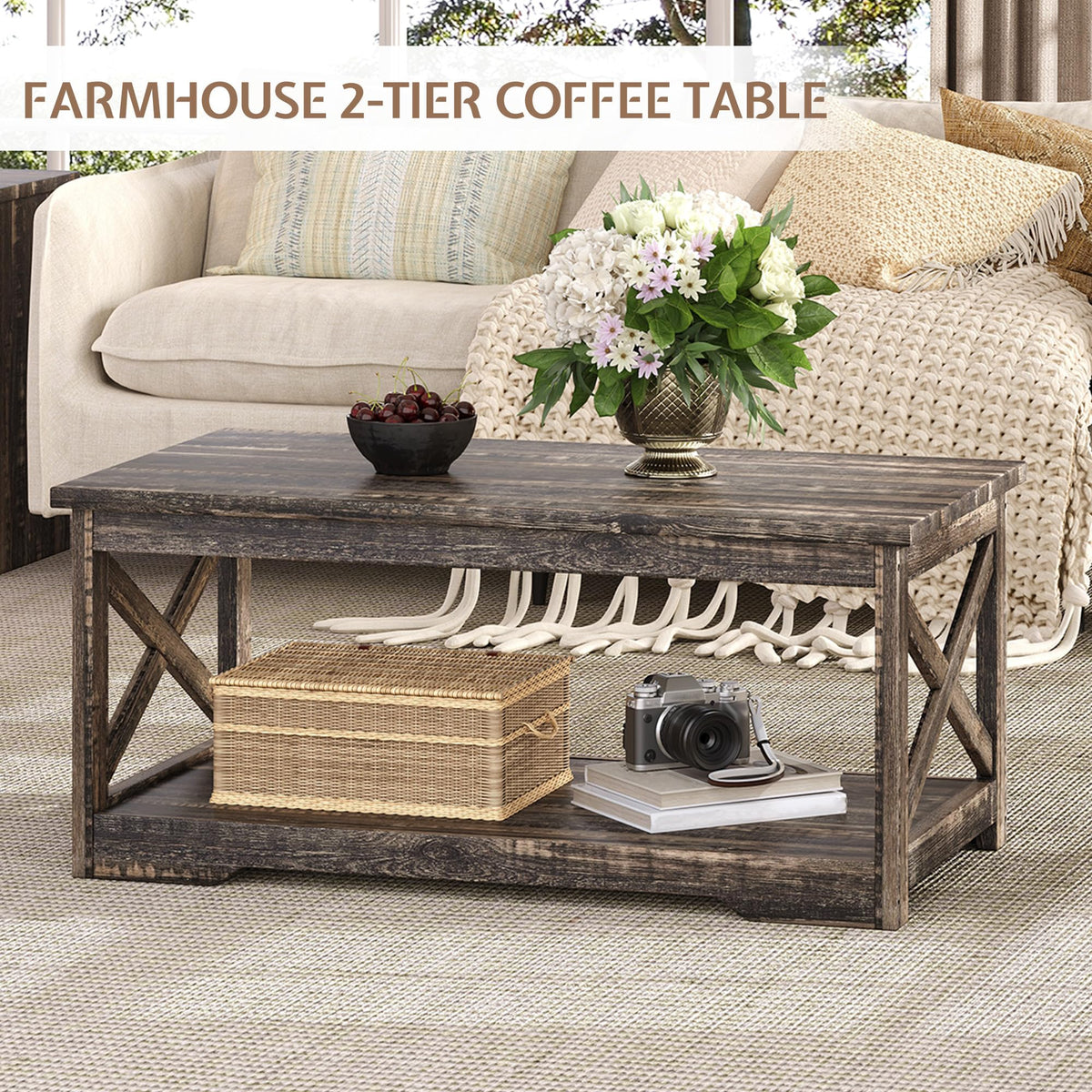 LUXOAK 3 Piece Living Room Table Set with Barn Door, Black Oak