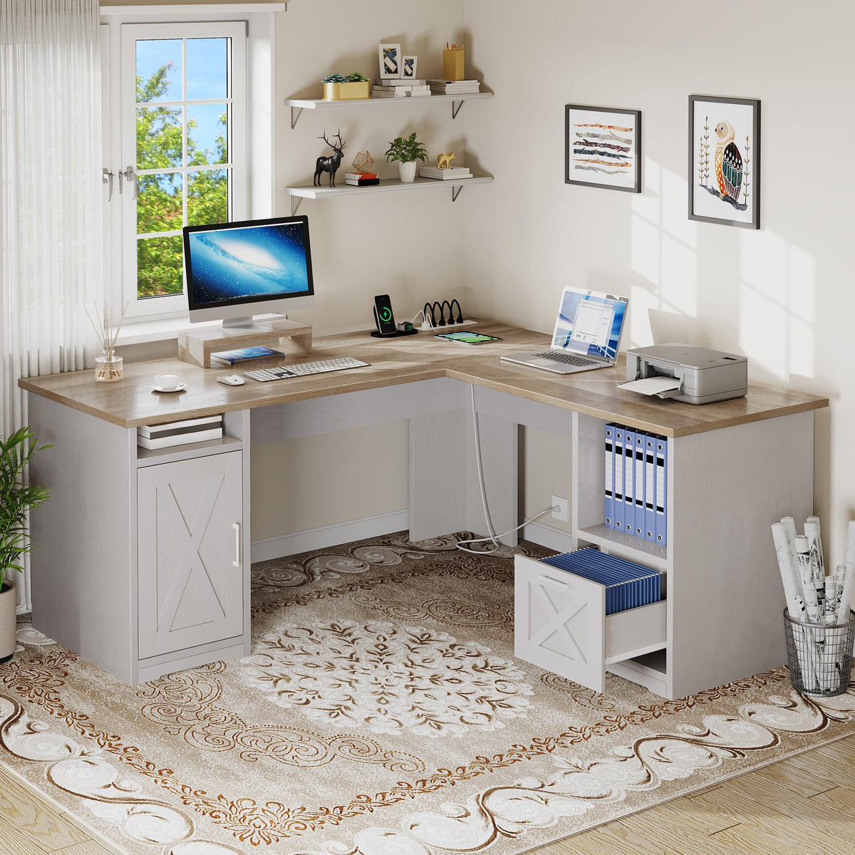 L-Shaped Desk with Power Outlets