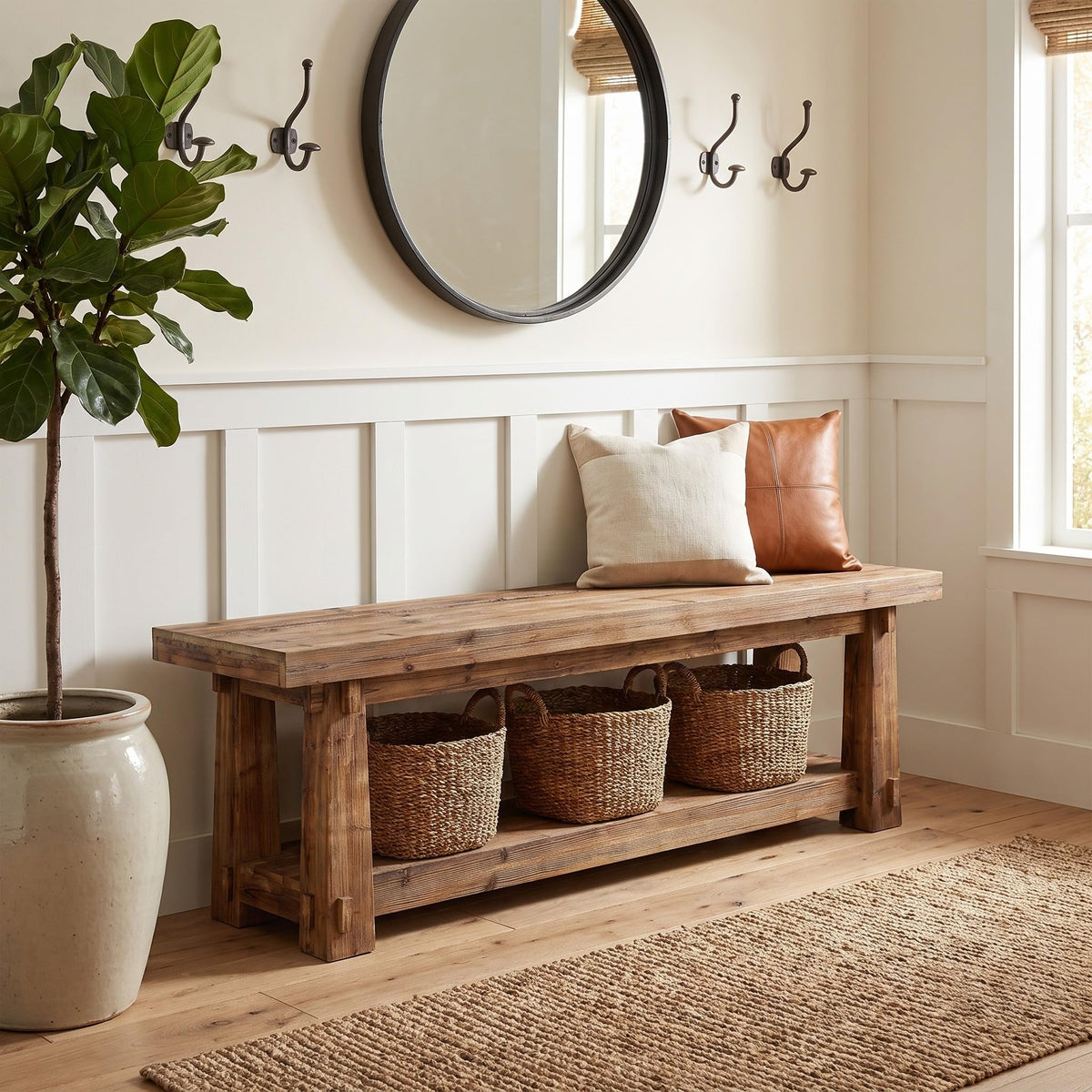 TRIBEWOOD 55" Wood Entryway Bench with Shoe Storage, Rustic Dining Bench