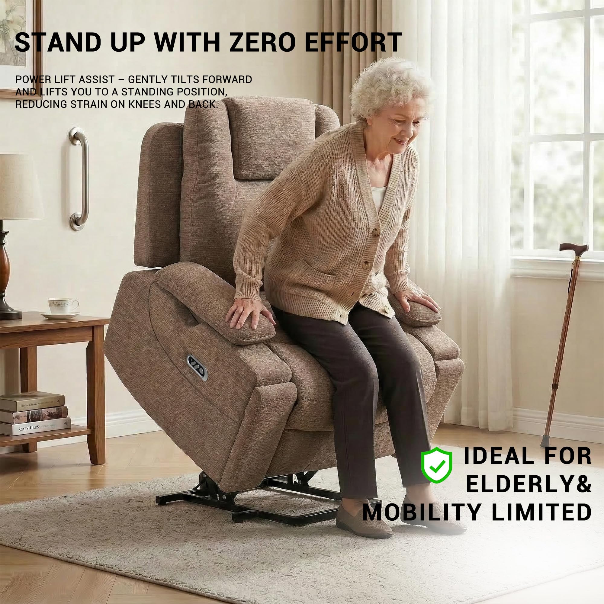 ZORRTIK Oversized Dual Motors Recliner Power Lift Chair for Elderly Big Tall, Zero-Gravity Power Recliner Sofa, 350lbs Heavy Duty Seat with 4D Armrests, Full Lay-Flat Positioning, Phone Slot, Brown