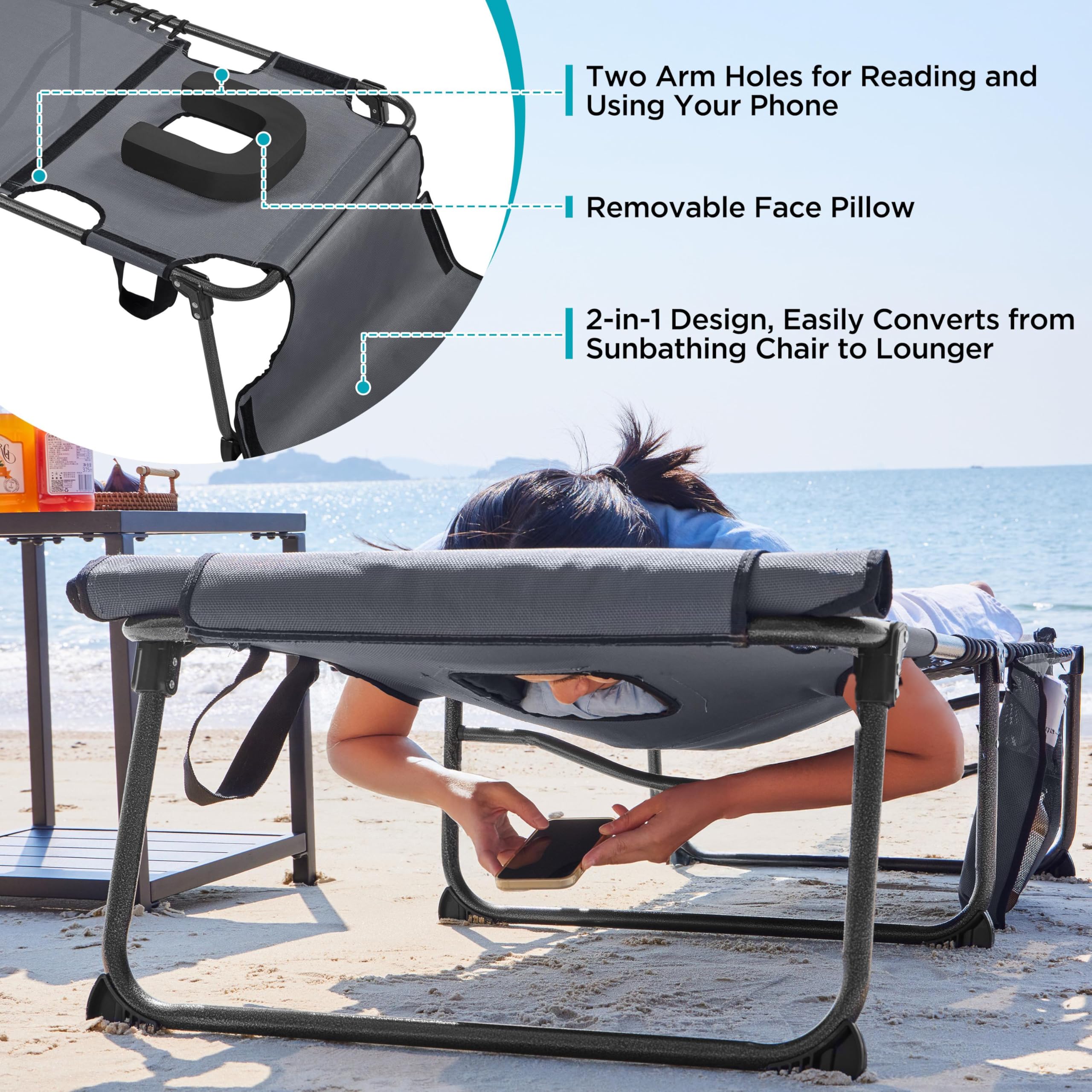 Folding Chaise Lounge Chair with Face Hole & 5-Position Backrest