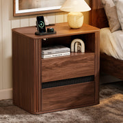 Furnulem Walnut Night Stand with Charging Station, Modern Fluted Nightstand