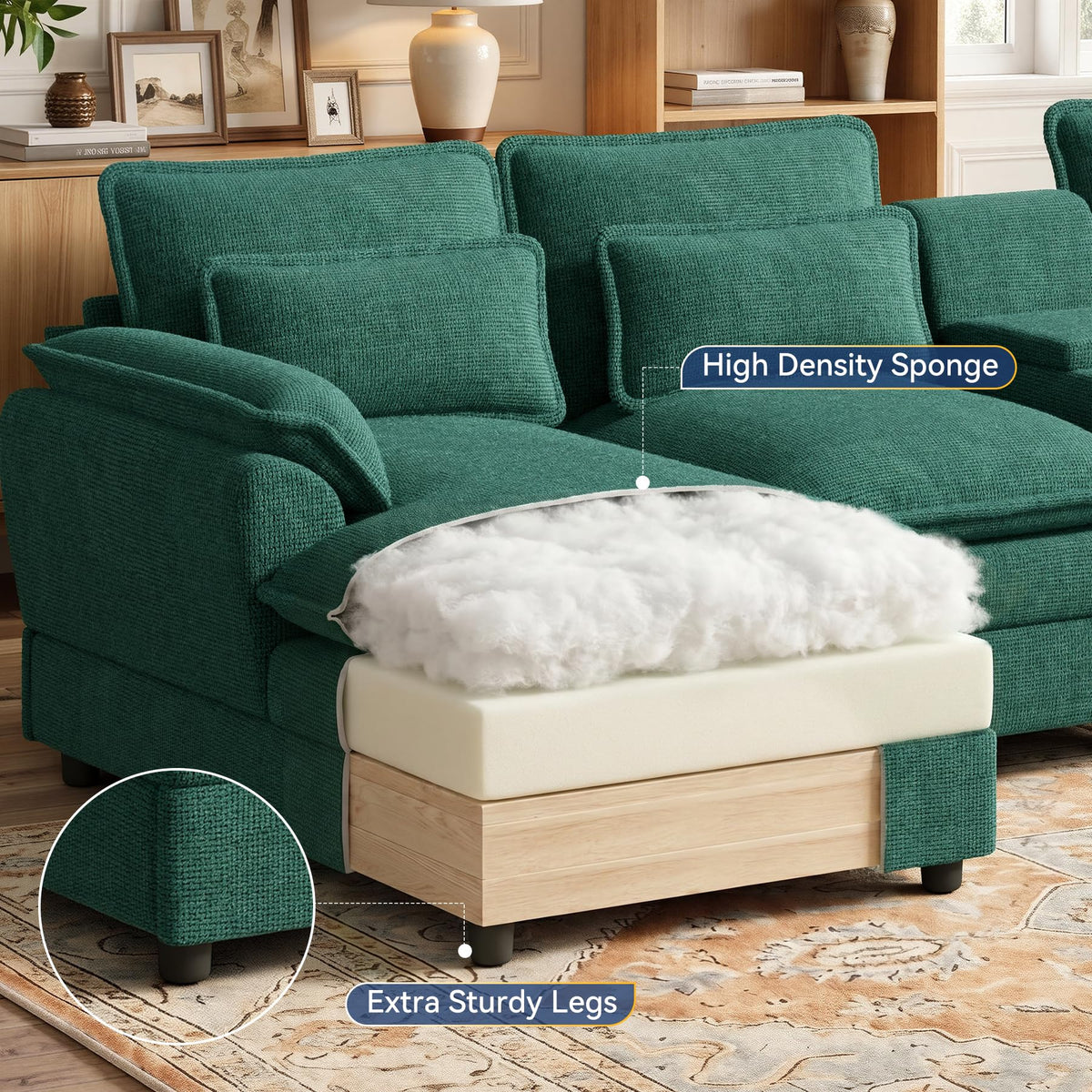 134" U Shaped Modular Sectional Sofa, Oversized Cloud Couch with Double Chaise Lounge, Storage Console, Cup Holders & USB Port, Comfy Chenille Deep Seat Couch Set for Living Room, Green