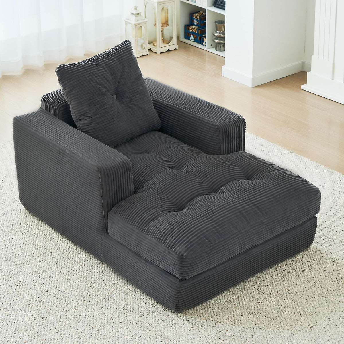 Garvee 45'' Chaise Lounge Chair Indoor, Corduroy Upholstered Boneless Sofa Bed, Deep Seat Sleeper Couch Reading Chairs, Comfy Cloud Small Space Sofas for Living Room, Bedroom, Movie Room, Grey