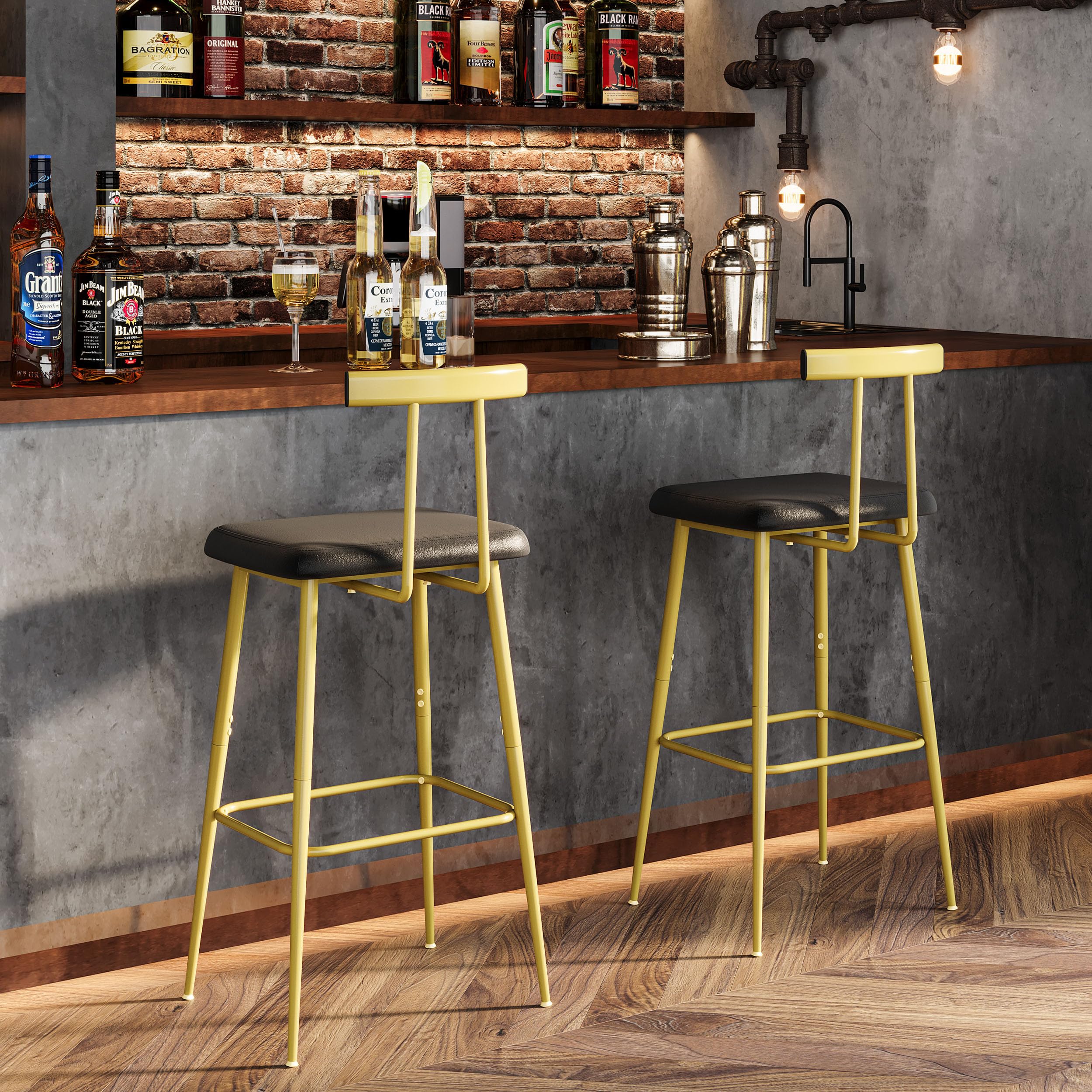 Industrial Bar Stools Set of 2 with Backrest & Footrest