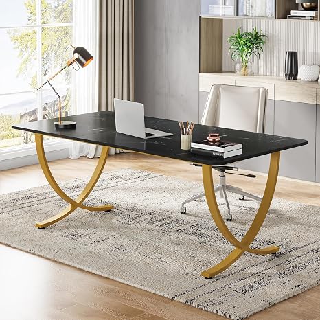 63" Large Office Desk with Faux Marble Top & Gold Metal Frame