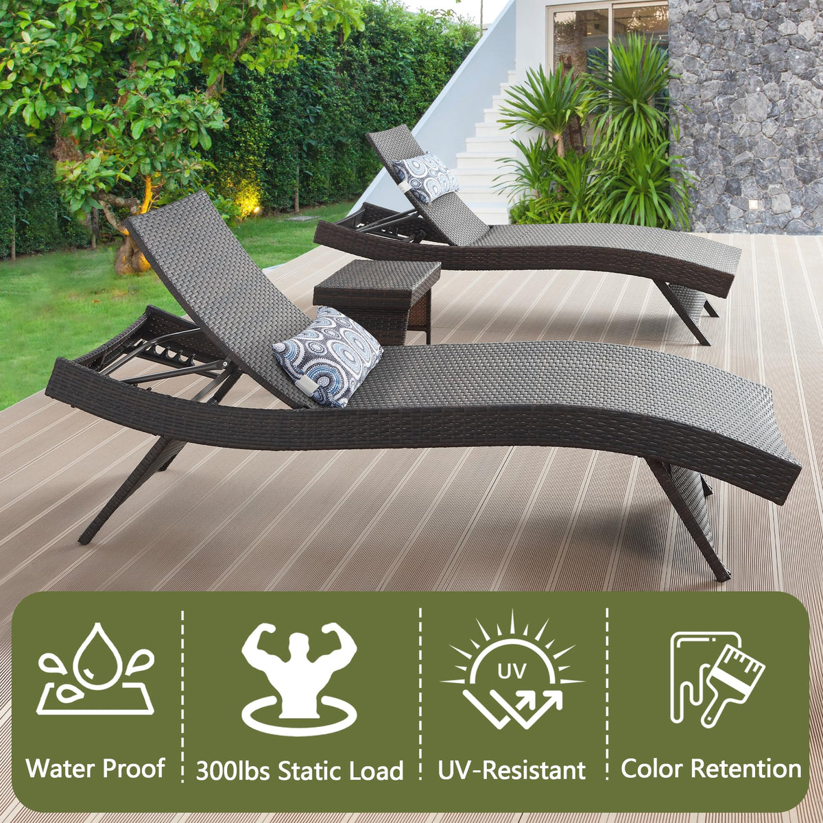 Summax 79'' Long Reclining Chair Set of 4 with Cushions, Outdoor Chaise Lounge Set, Rattan Chaise Lawn Sunbathing Chairs, PE Wicker Reclining Lounge Chair for Backyard Poolside Beach, Dark Brown