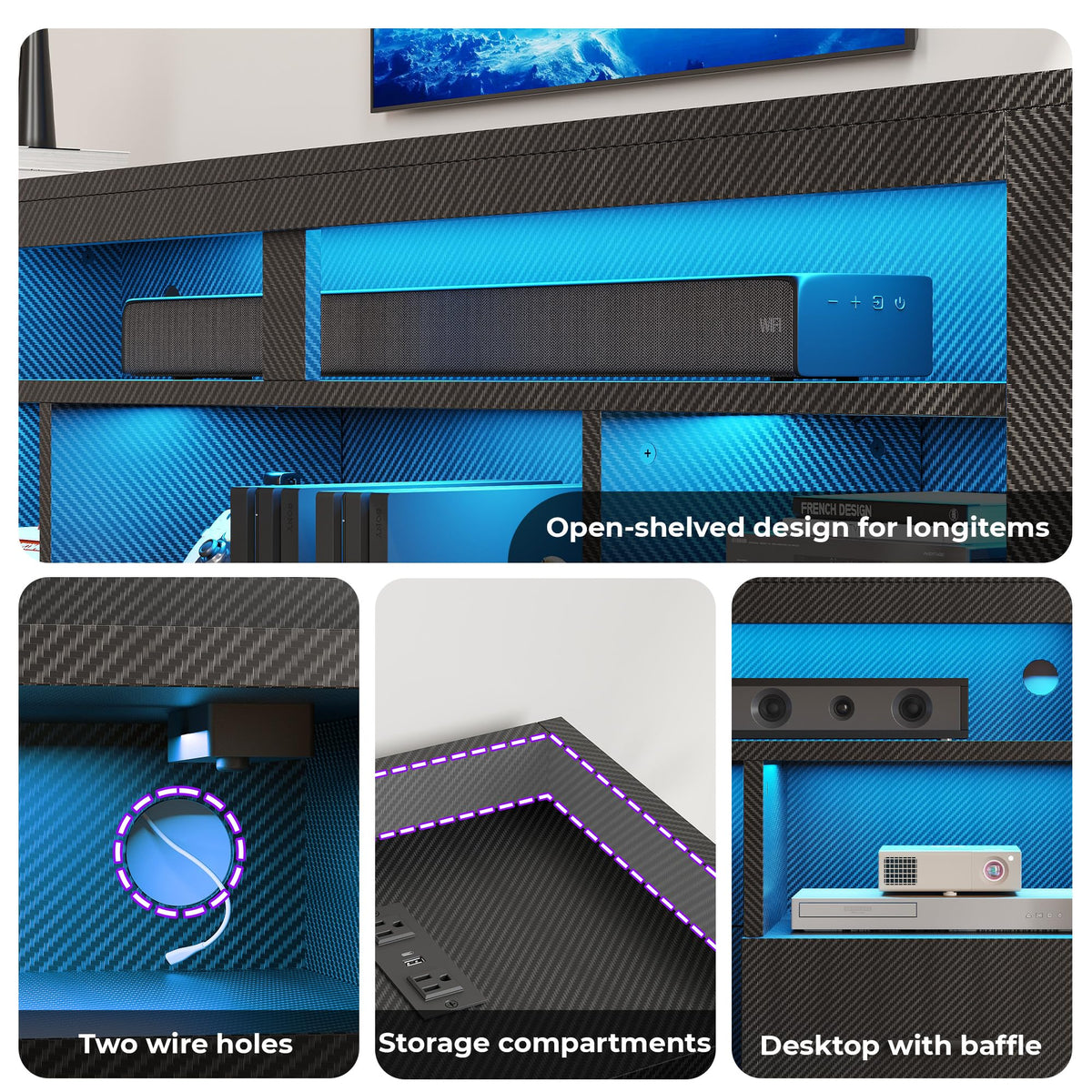 IRONCK 71" TV Stand for 75 Inch TV, Carbon Fiber Entertainment Center