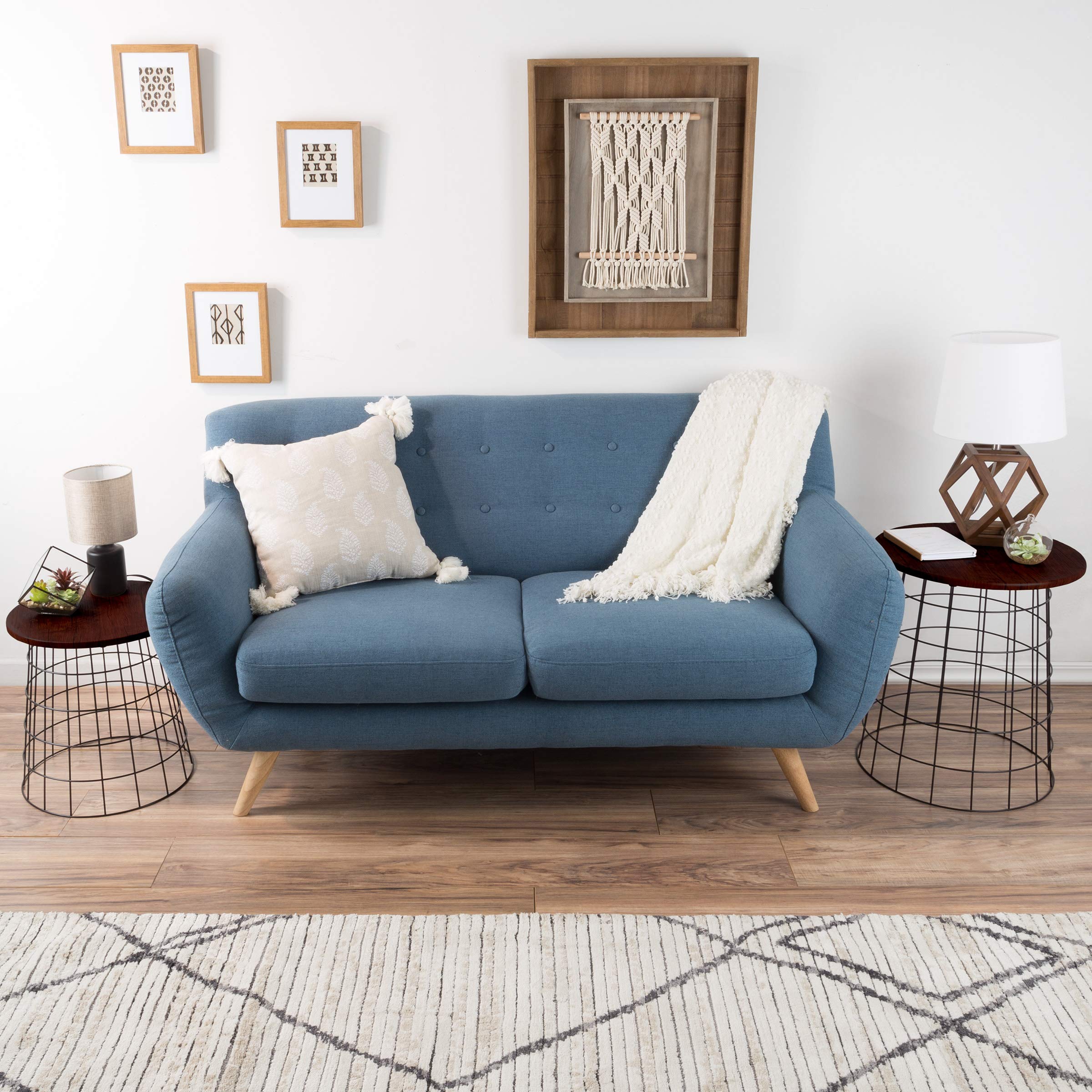 Nesting Side Tables Set of 2 with Wood Tops & Wire Baskets